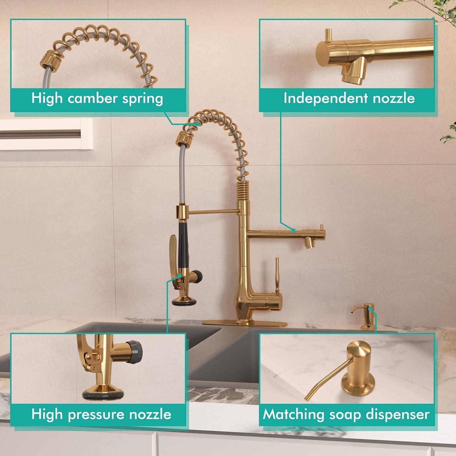 Brass Commercial Pull-Down Sprayer Kitchen Faucet 2 Handle With Locking Buckle And Soap Dispenser