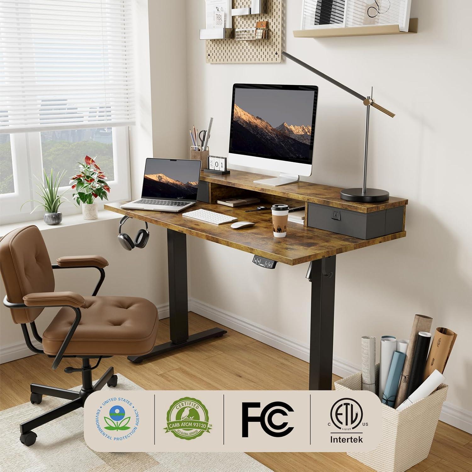 Agilestic Adjustable Height Electric Standing Desk with Storage Wooden Drawer, 55 x 24 Inches Stand Up Home Office Computer Gaming Table for Work Office Home, Rustic Brown