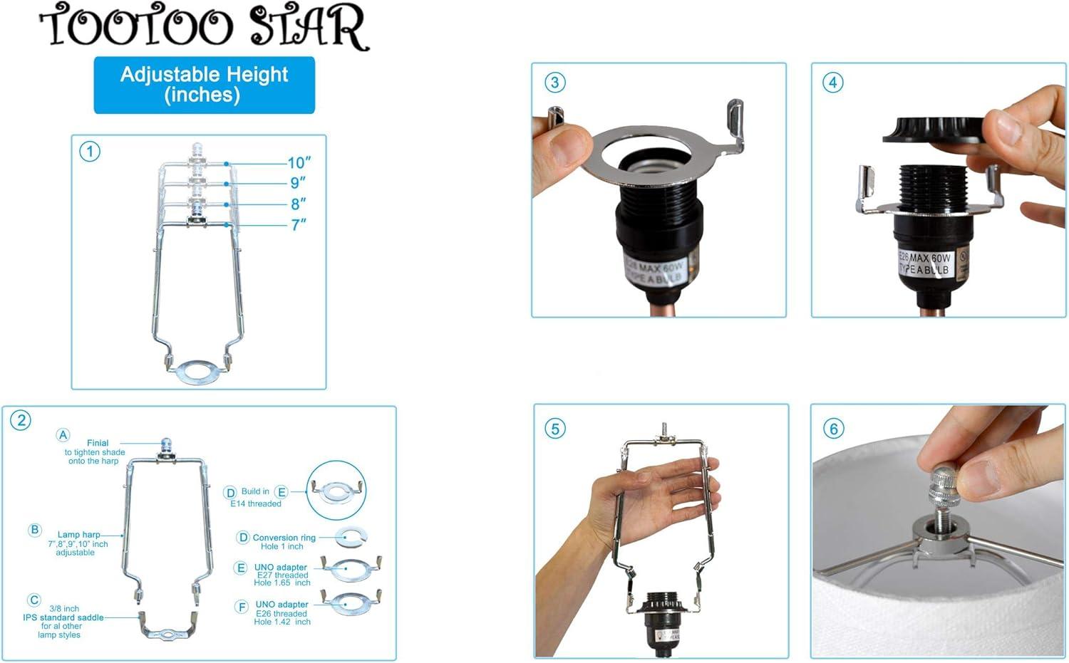 Adjustable Nickel Lamp Harp Holder Kit with Adapters