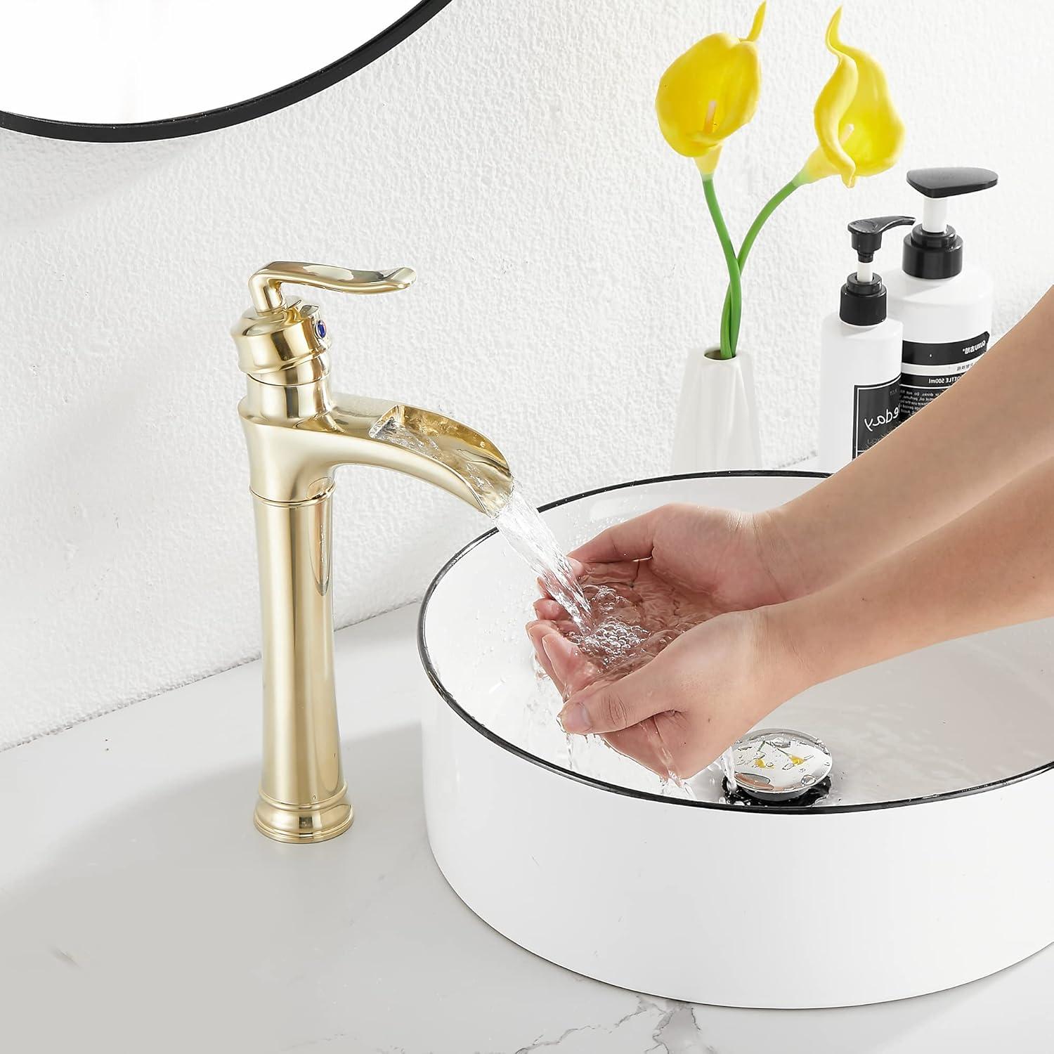 GGStudy Waterfall Single-Handle One Hole Bathroom Vessel Sink Faucet Matching Pop Up Drain Brushed Gold Farmhouse Bathroom Vanity Faucet