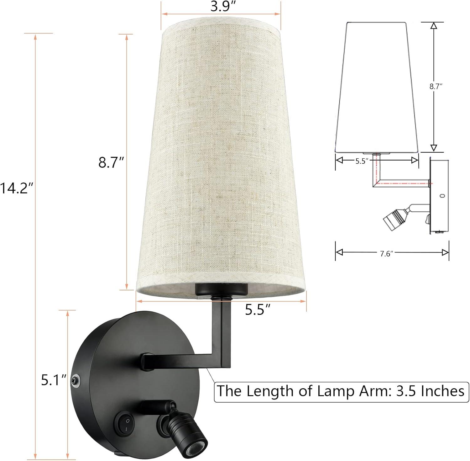 Black Set of 2 Fabric Shade Wall Lamp with USB Port and LED Reading Wall Sconces