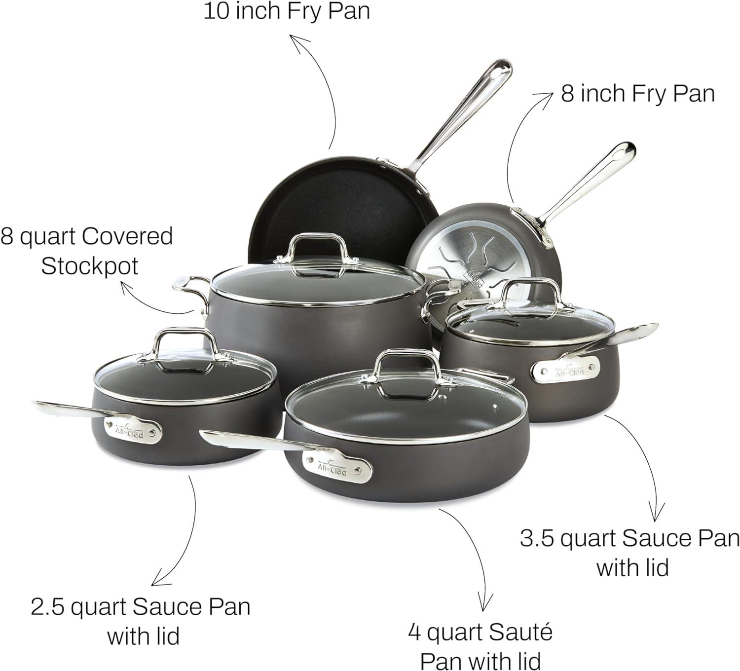 10-Piece Hard Anodized Nonstick Cookware Set with Stainless Steel Handles