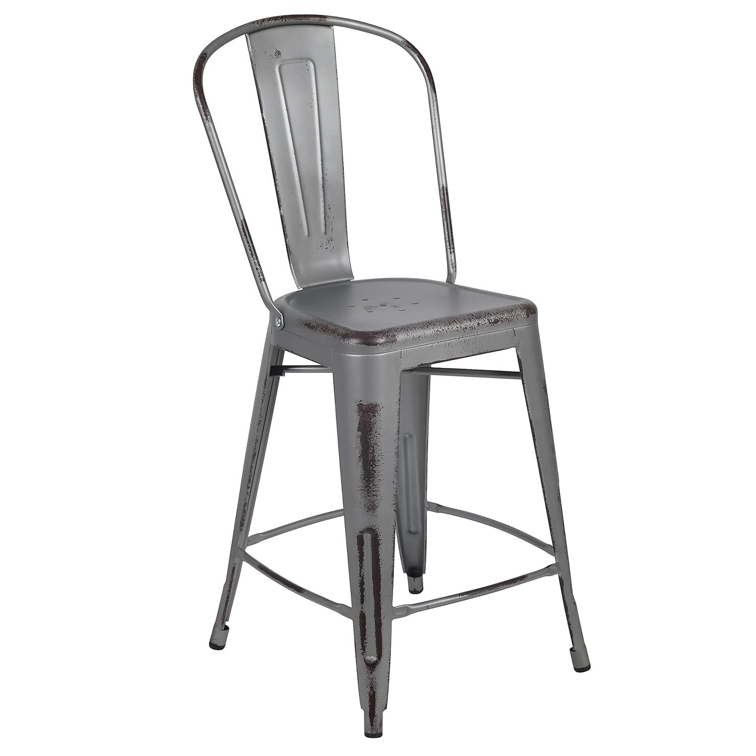 Flash Furniture Commercial Grade 24" High Distressed Silver Gray Metal Indoor-Outdoor Counter Height Stool with Back