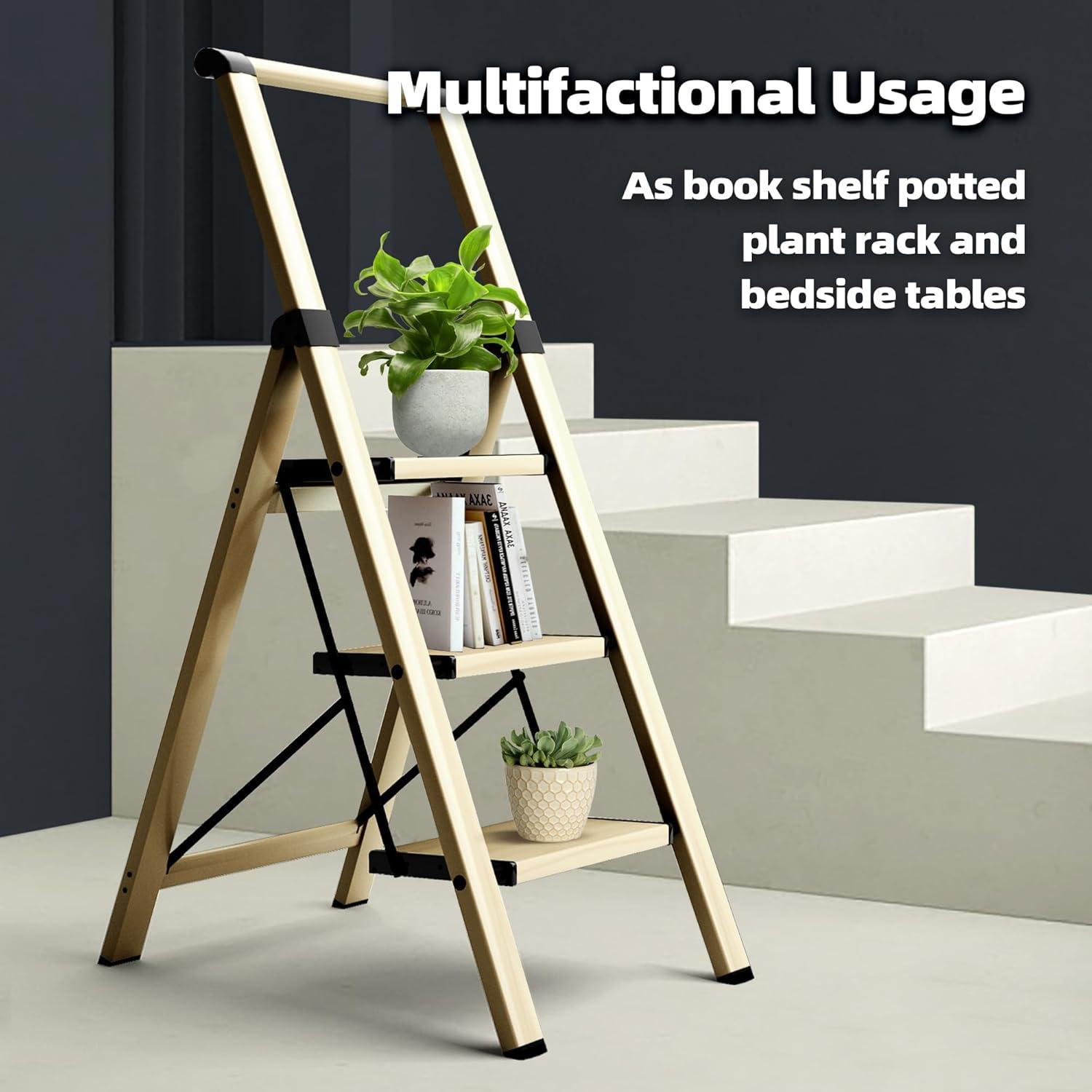 WFX Utility™ 3-Step Foldable Aluminum Ladder With U-Shape Handgrip, Anti-Slip Wide Pedals, 330 Lbs Capacity, Lightweight & Portable For Home, Kitchen, Office