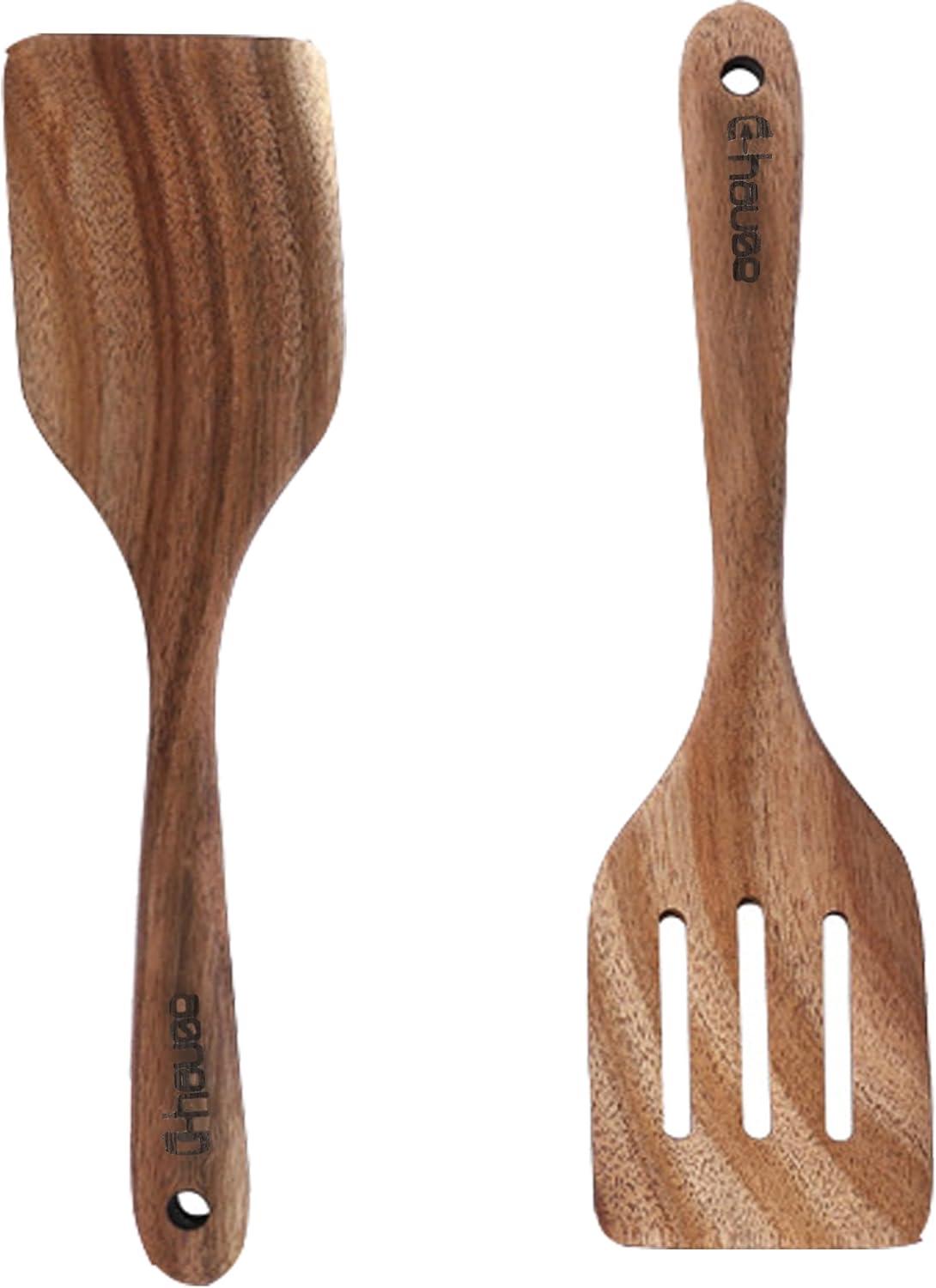 2 Pack Wood Spatula Wooden Turners for Cooking Acacia Wood Cooking Spoon Slotted Turners Wooden Kitchen Utensils Non-stick Kitchen Utensils with Frying Spatula Turner Flipper Spatulas Set