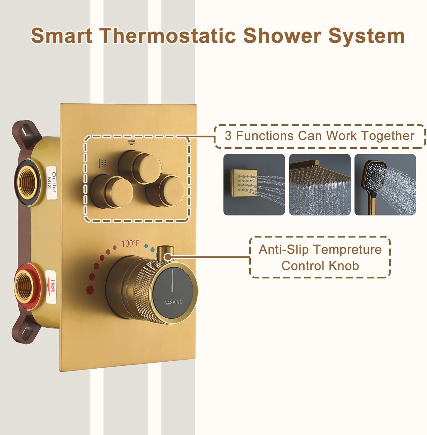 Revitalize 3-Function 12 Inch Wall Mount Rainfall Thermostatic Shower System with 6 Body Jets