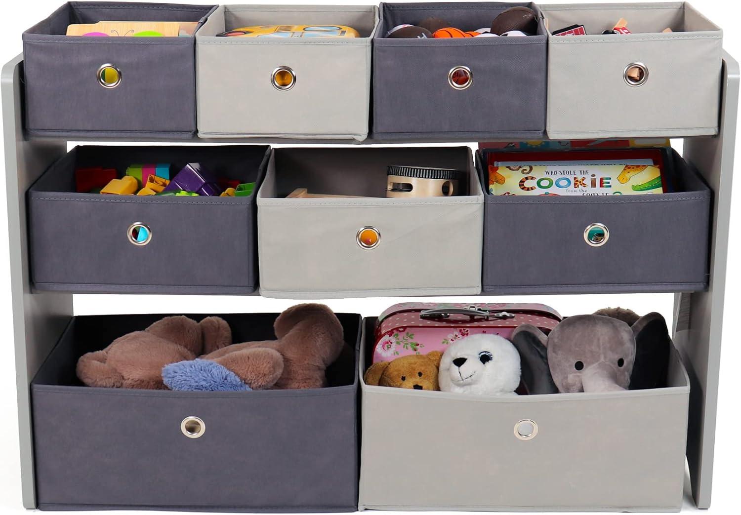 Gray 3-Tier Kids' Toy Organizer with 9 Fabric Bins