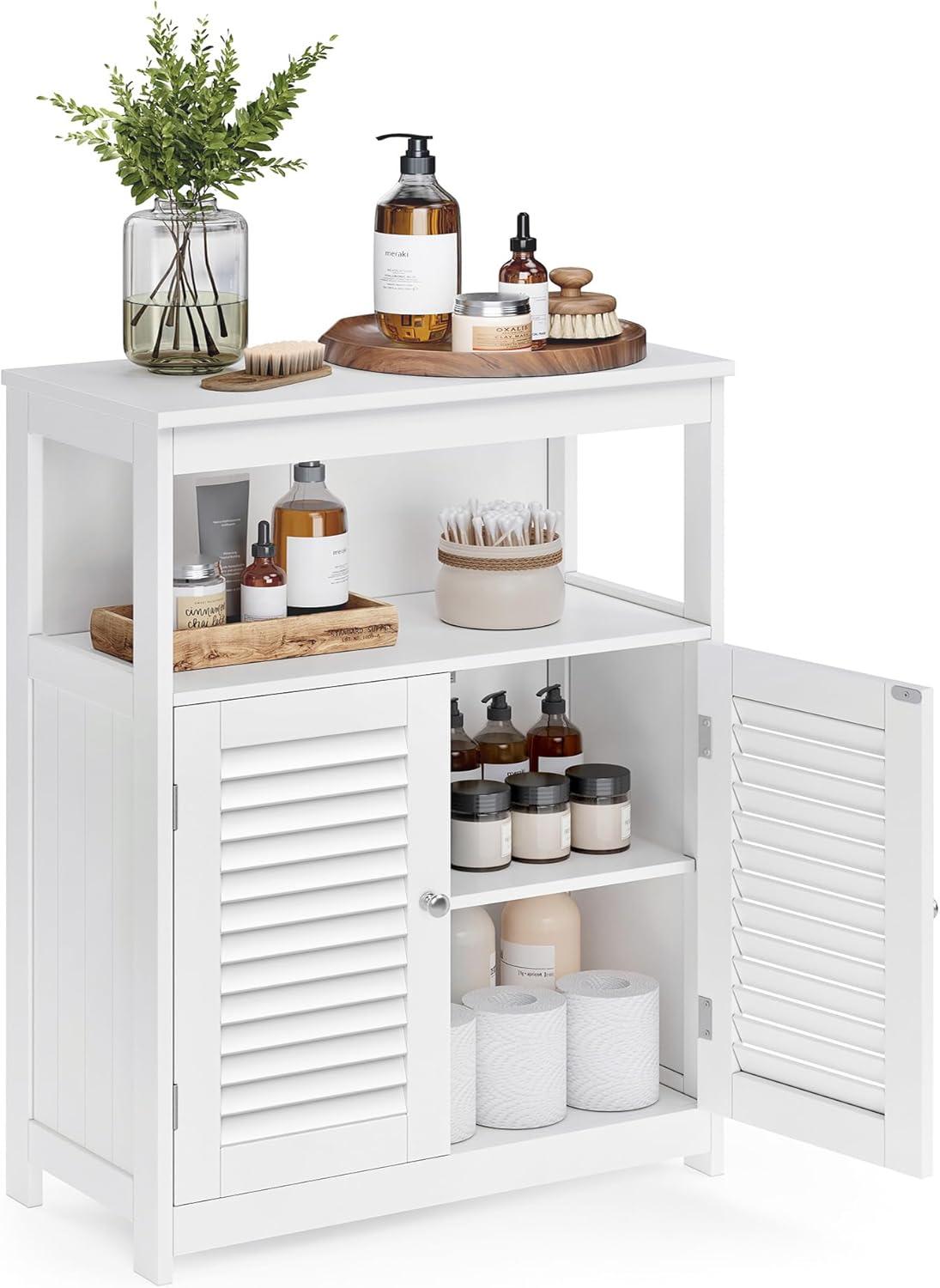 VASAGLE Bathroom Floor Cabinet, Bathroom Storage Cabinet, Freestanding, with Double Shutter Doors and Adjustable Shelf, White