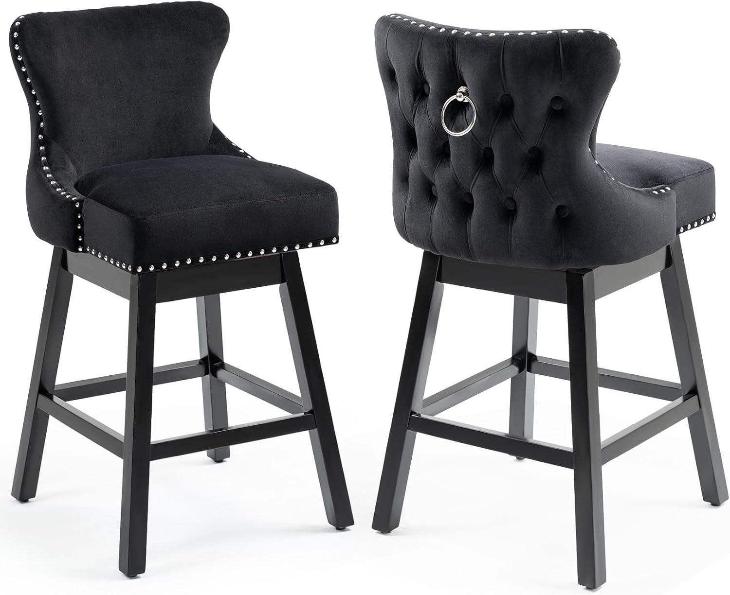 29" Black Velvet Upholstered Swivel Bar Stools with Wood Frame, Set of 2