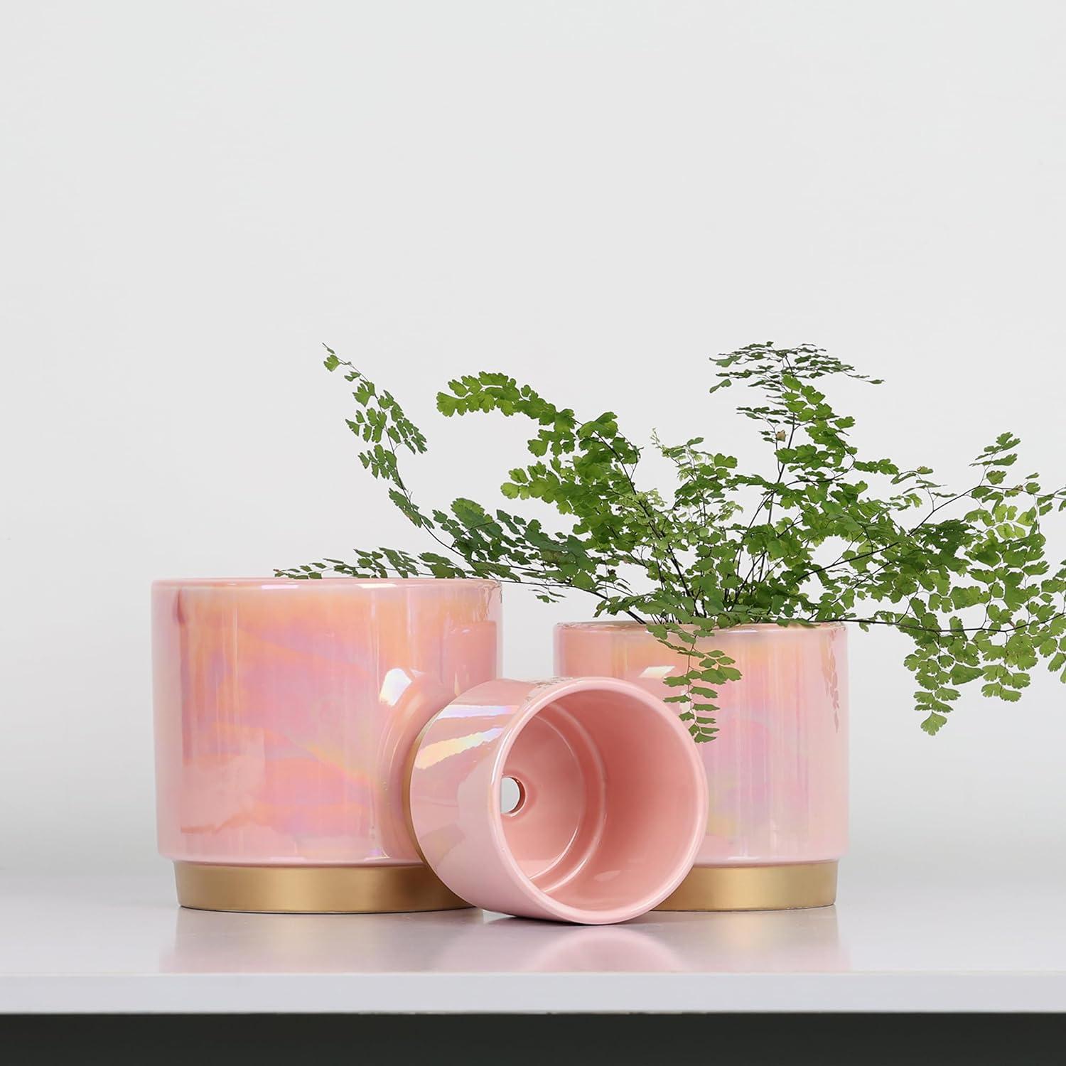 Set of 3 Pink Ceramic Bohemian Planters with Drainage