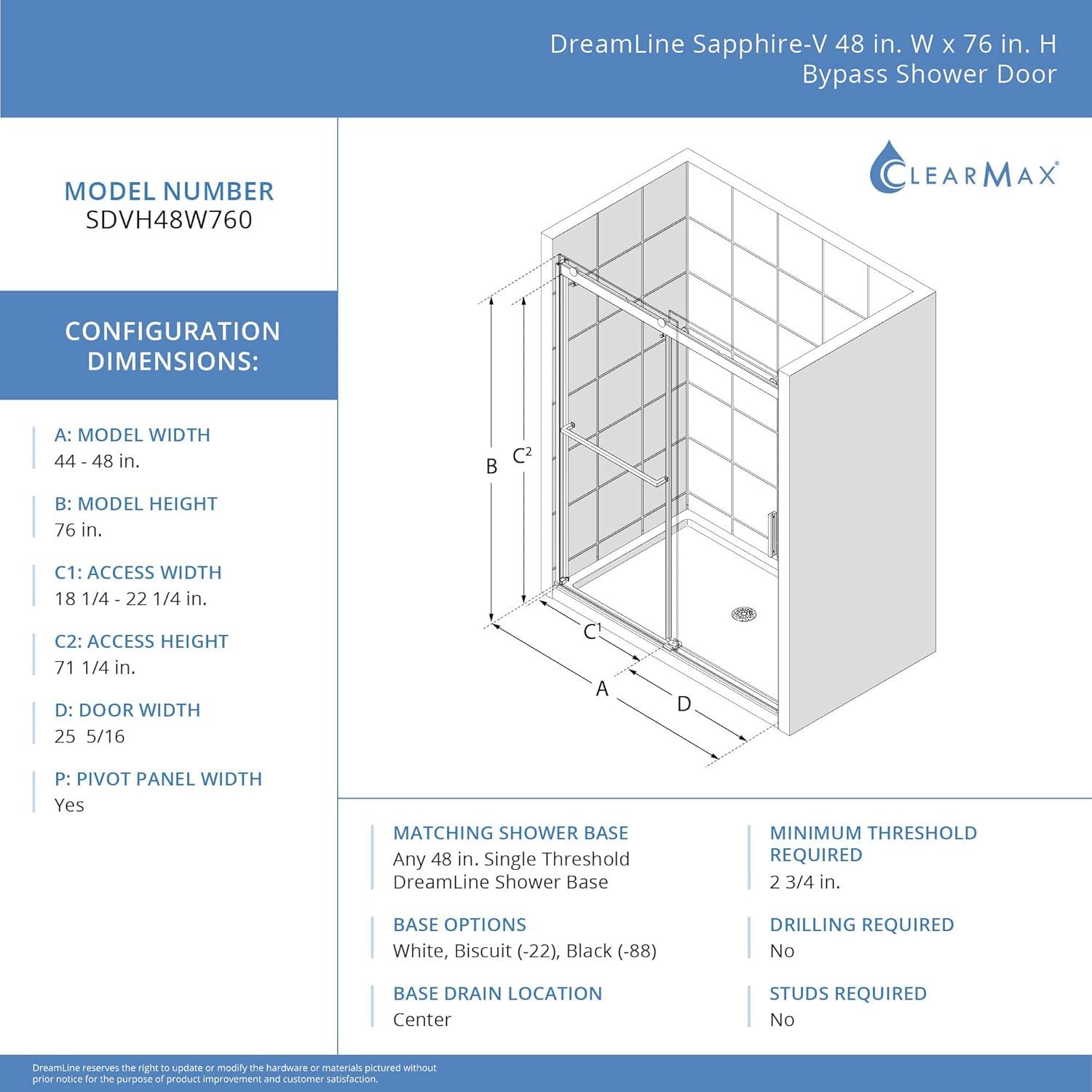 Sapphire-V 44cm W x 76cm H Frameless Tub Door with