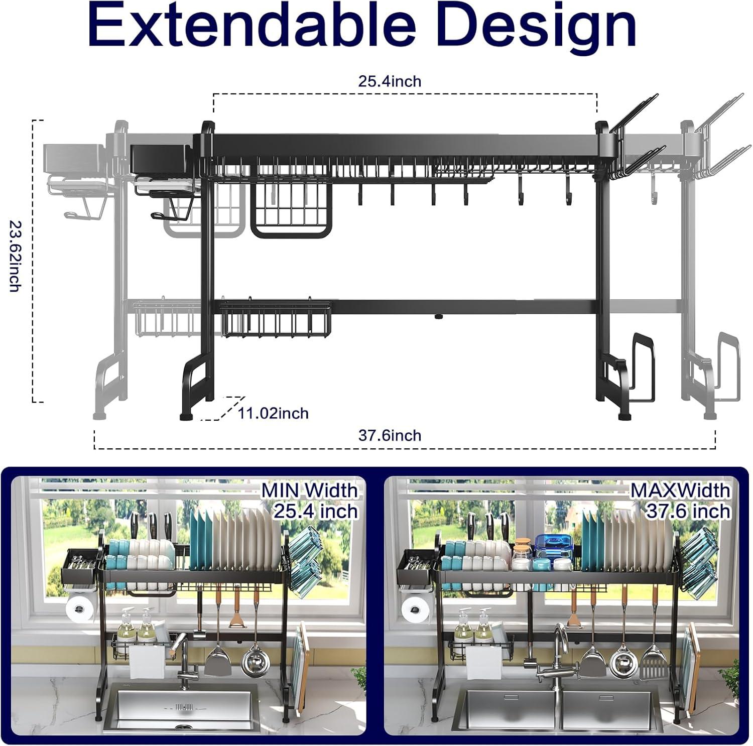 Large Over Sink Dish Rack: Full Stainless Steel Dish Drying Rack Over The Sink - Adjustable (25.6-37.6in) Width Kitchen Organizers and Storage Black Dish Shelf Counter Utensil Sponge Holder Sink Caddy