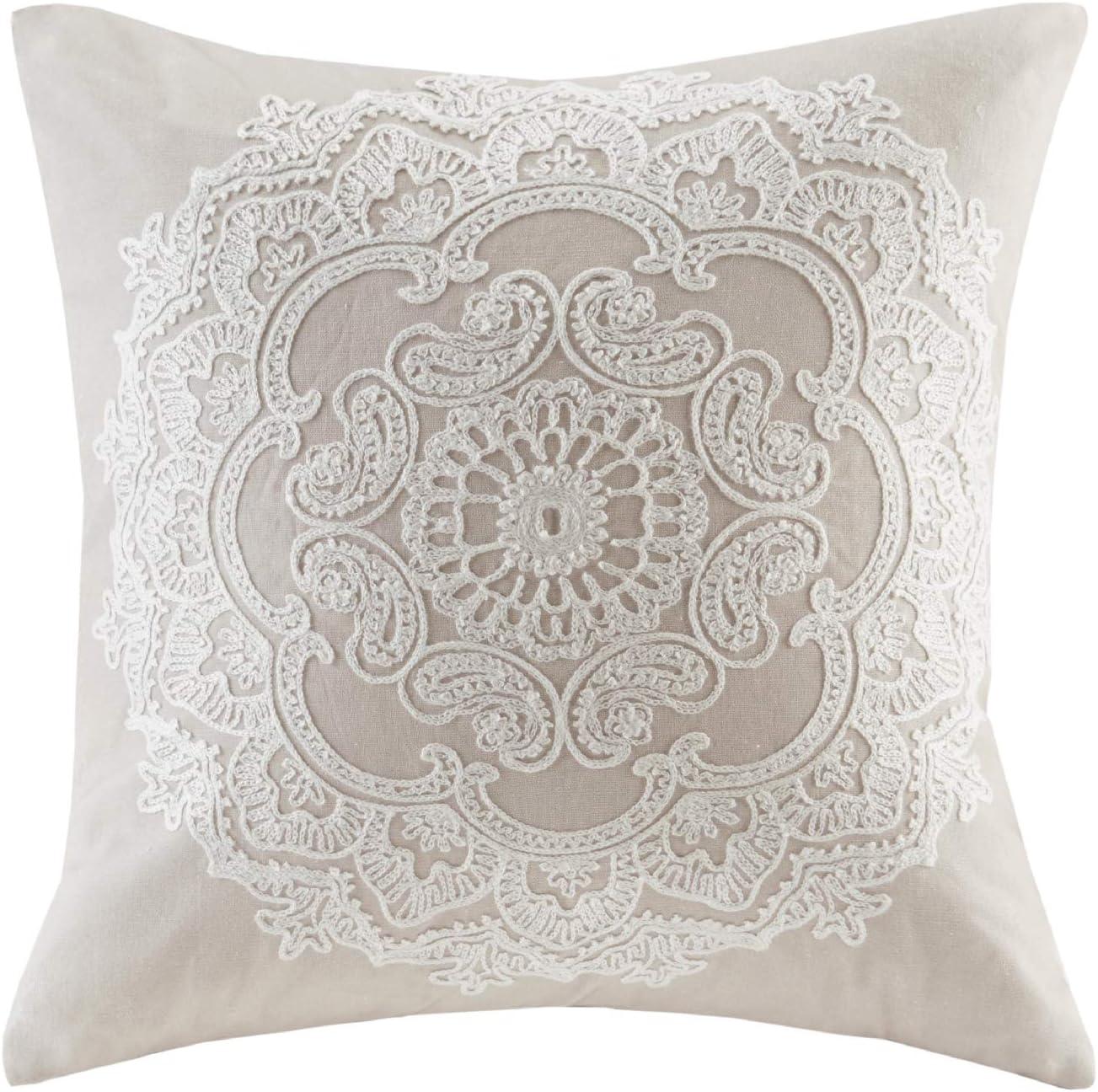 Suzanna Embroidered Medallion 18" Square Taupe Cotton Pillow