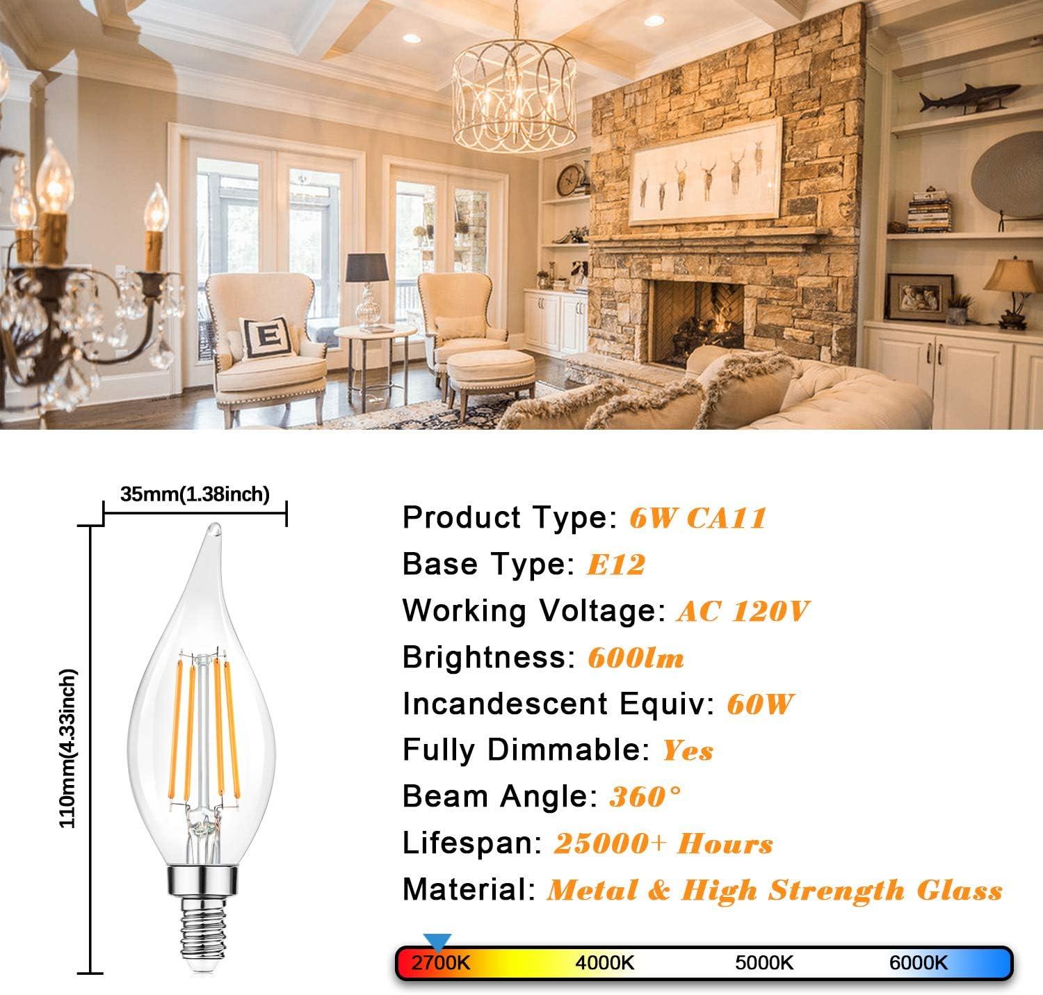 Dimmable E12 Candelabra LED Bulbs 60 Watt Equivalent, 2700K Warm White, Clear Filament LED Chandelier Light Bulbs 6W, 600lm, CA11 Vintage Ceiling Fan Light Bulb with Flame Tip, 12-Pack