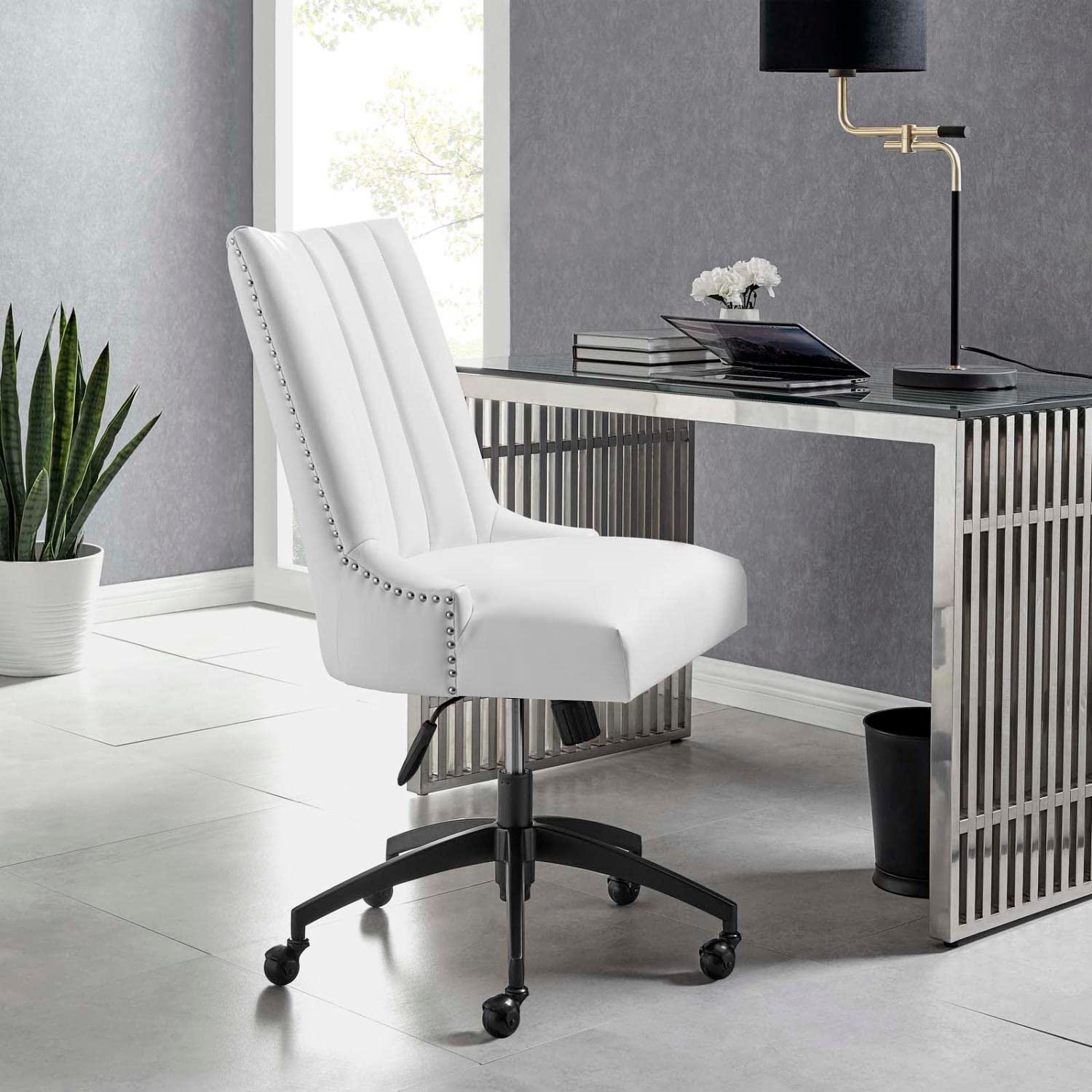 Modway Empower Vegan Leather Office Chair – Channel Tufted Ergonomic Desk Chair in Black and White with Chrome Base