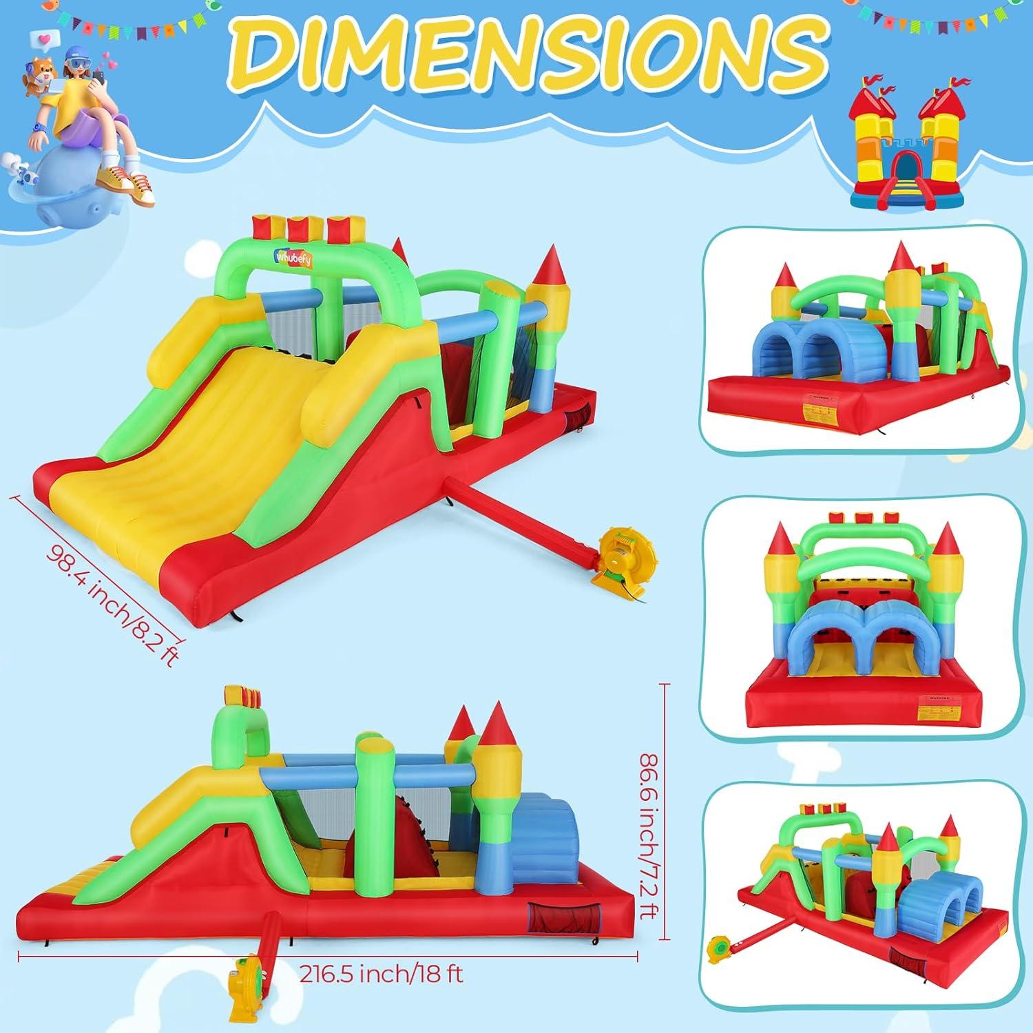 Whubefy Bounce House for Big Kids 8-12, 18 x 8.2FT Kids 3-6 Inflatable Obstacle Course w/Dual Tunnels, Large Slide, Climbing, Obstacles and Bounce Area Castle for Birthday Party, Fun Racing Game