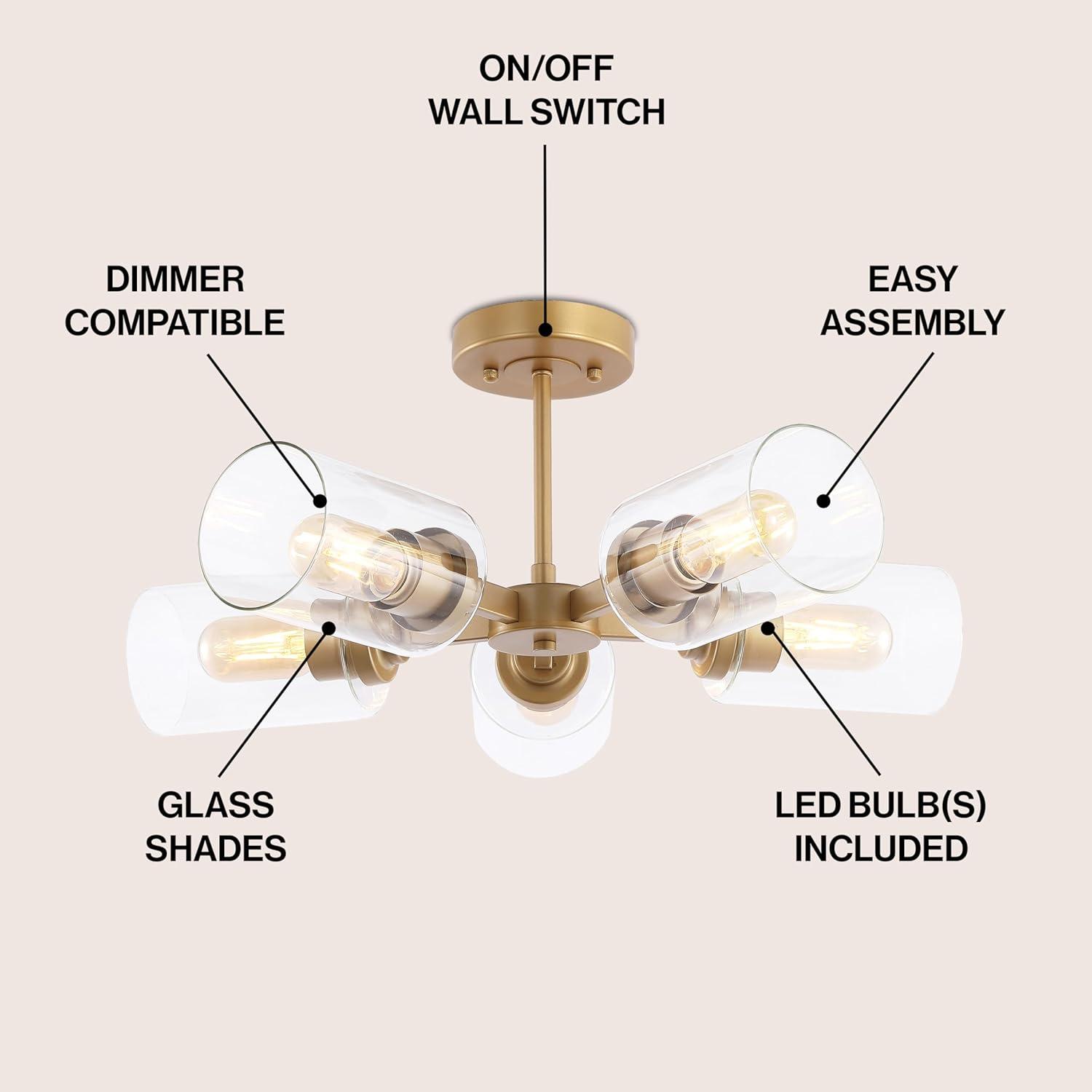 Jaynie 21.5" 5-Light Farmhouse Industrial Iron Cylinder LED Semi Flush Mount, Brass Gold/Clear
