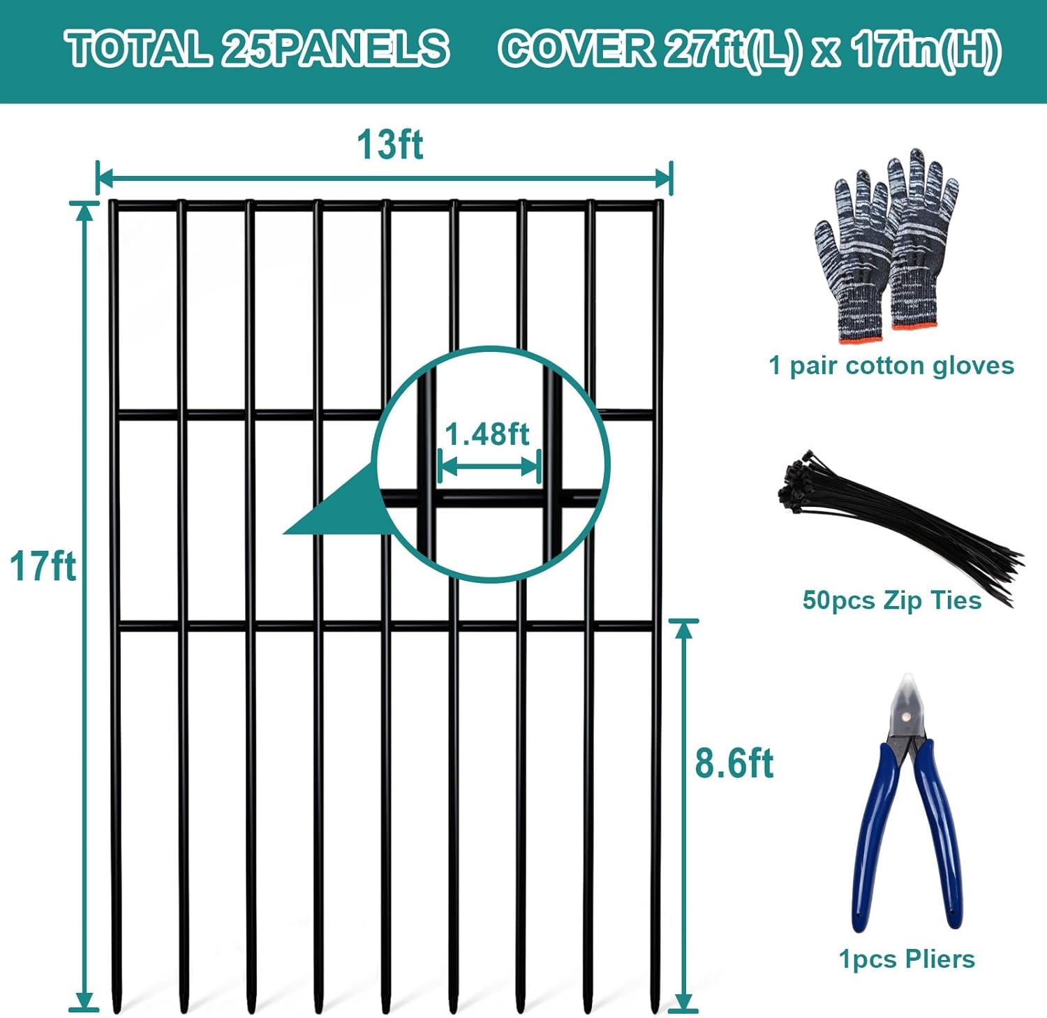 25 Pack Garden Animal Barrier Fence, 1.65inch Spike Spacing No Dig Fence, Reusable Rustproof Metal Fence Border, Dogs Rabbits Blocker Fence for Outdoor Yard, Total 27ft(L) x 17inch(H)