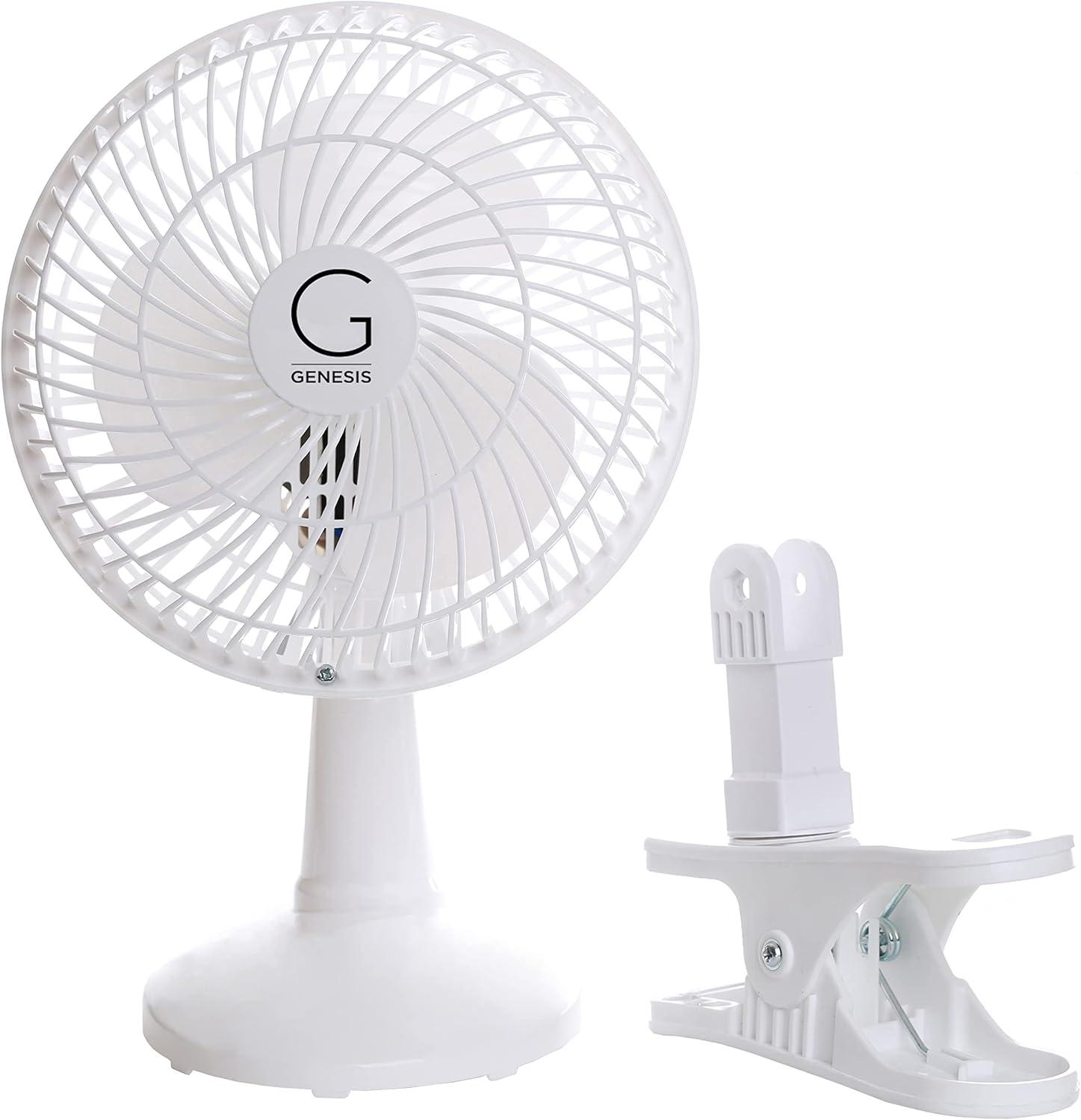 Genesis 6-Inch Clip-On Fan - Convertible Table-Top & Clip Fan, Fully Adjustable Head, Two Quiet Speeds - White