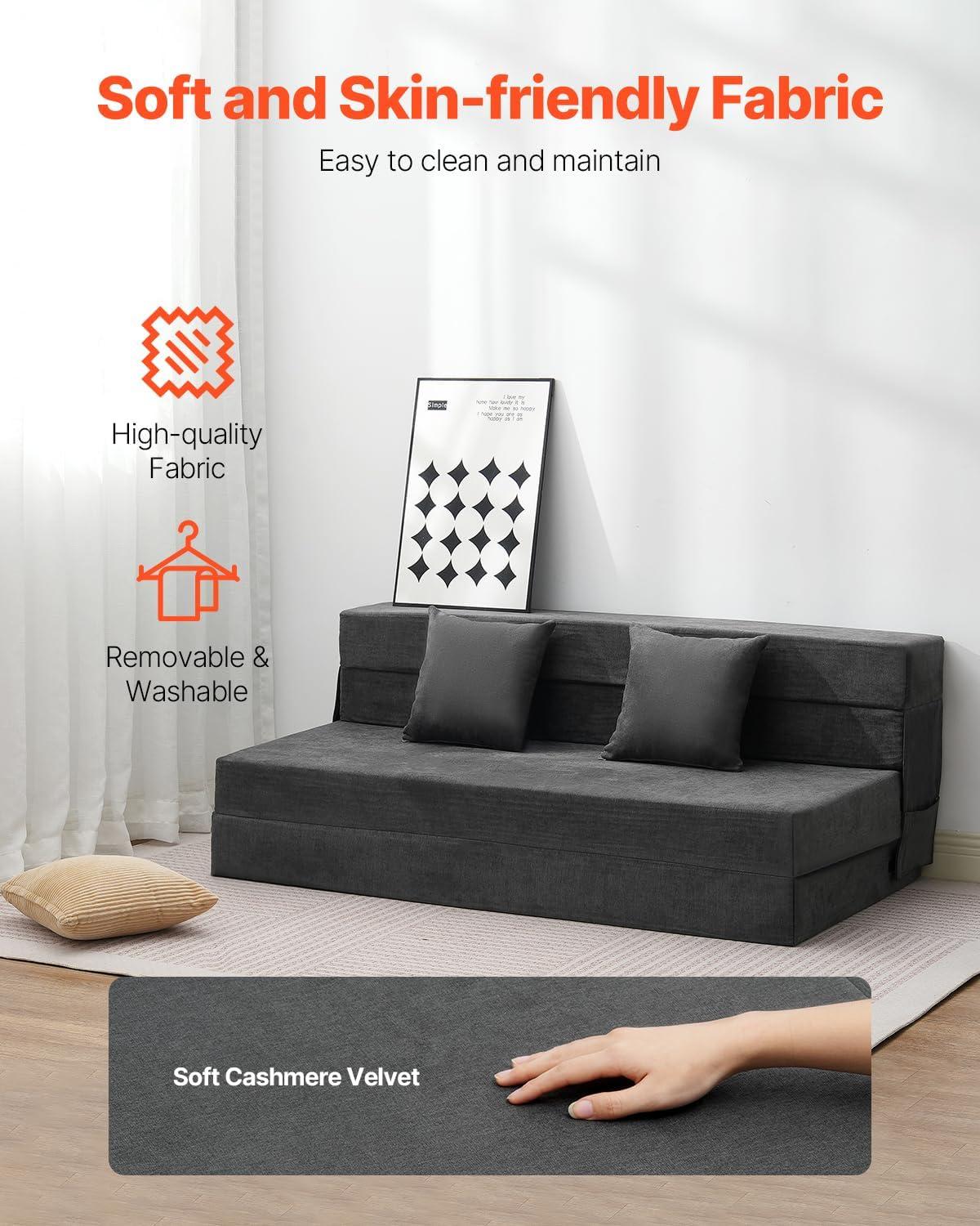 VEVOR Folding Sofa Bed, 3-in-1 Foldable Couch Bed with 2 Pillows and Washable Cover, 25D High Density Memory Foam Sleeper Chair Bed, Dark Grey(Queen)