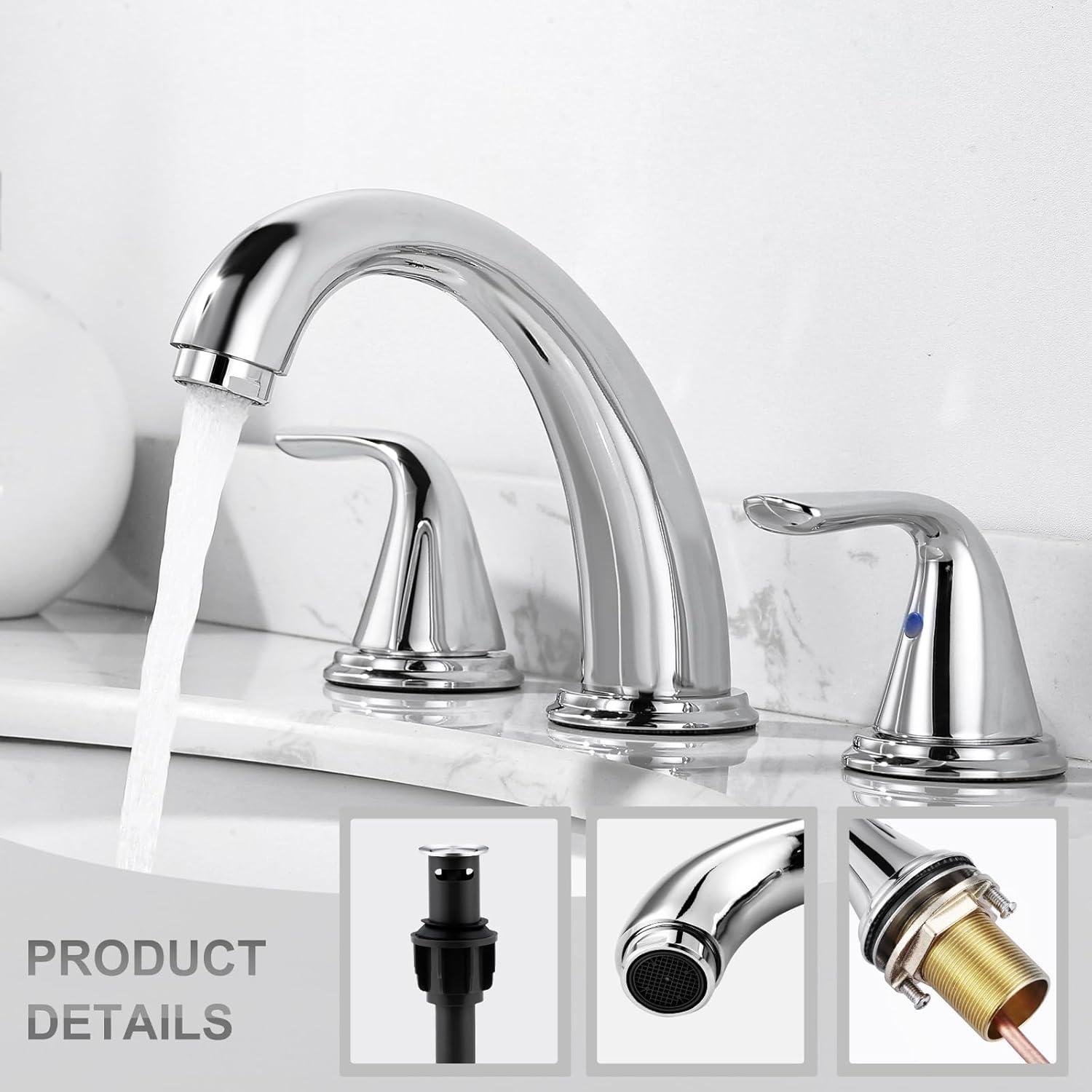 Aleasha Widespread Bathroom Sink Faucet, 3 Hole Faucet With Pop-Up Drain