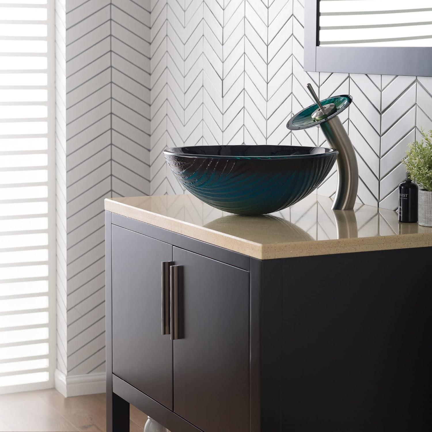 Kraus Nei Glass Bathroom Vessel Sink and Waterfall Faucet Set with Pop-Up Drain