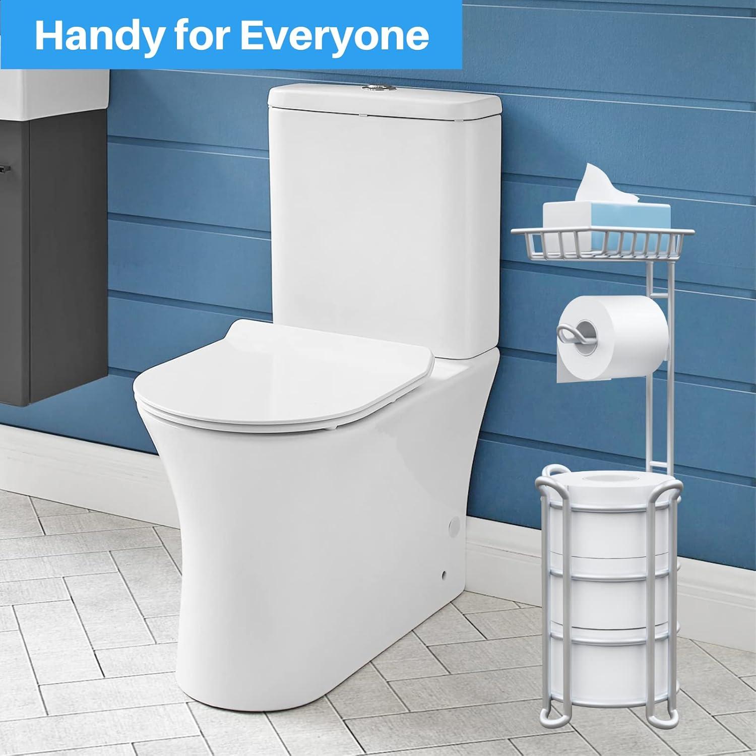 Toilet Paper Holder Stand with Shelf for Phone, Free Standing Tissue Roll Storage and Dispenser Rack for 4 Mega Rolls, Silver Gray