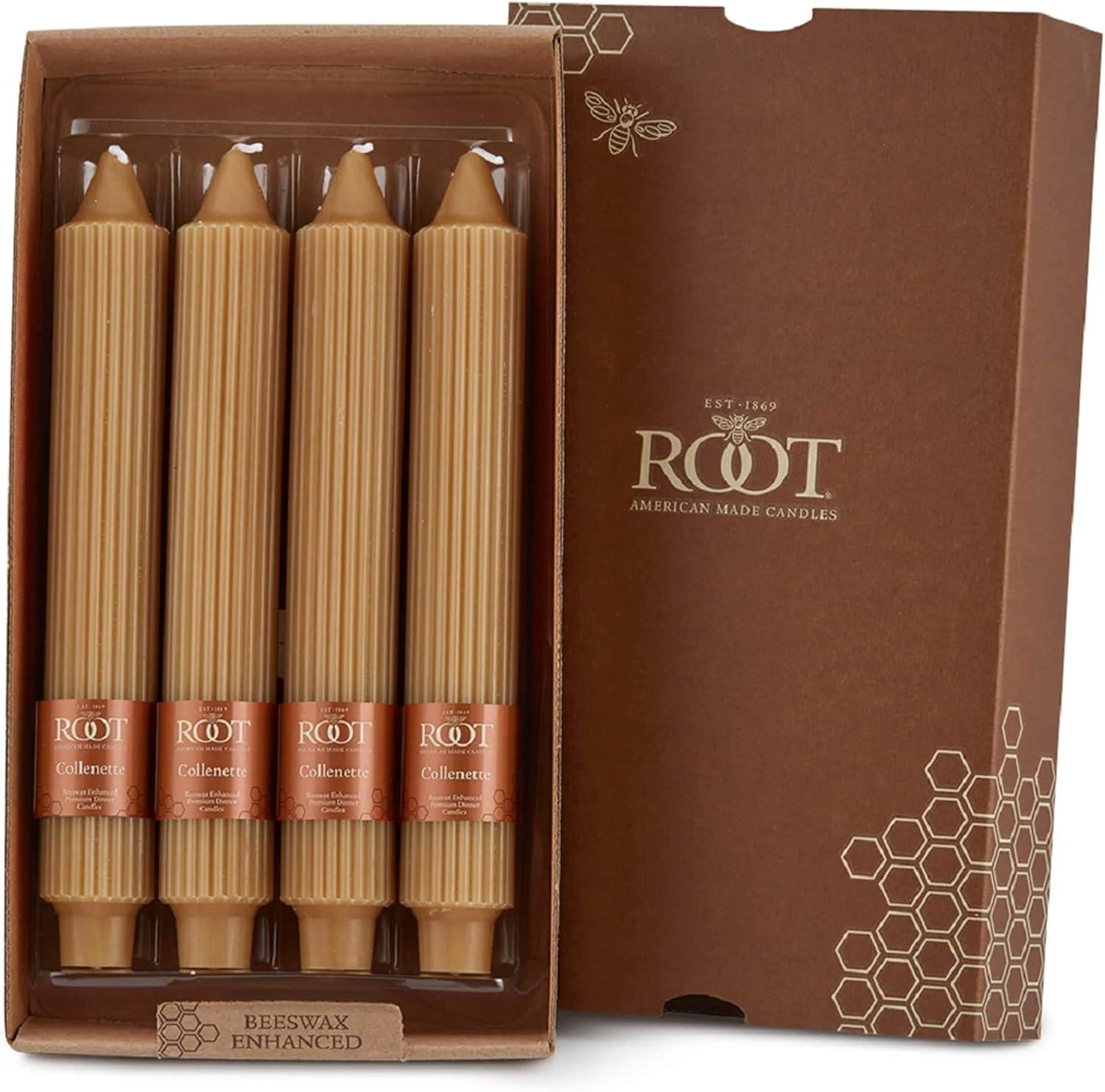 ROOT™ Candles Unscented Grecian Collenette Taper Candles, 9-inch Tall, Box of 4, Color: Beeswax