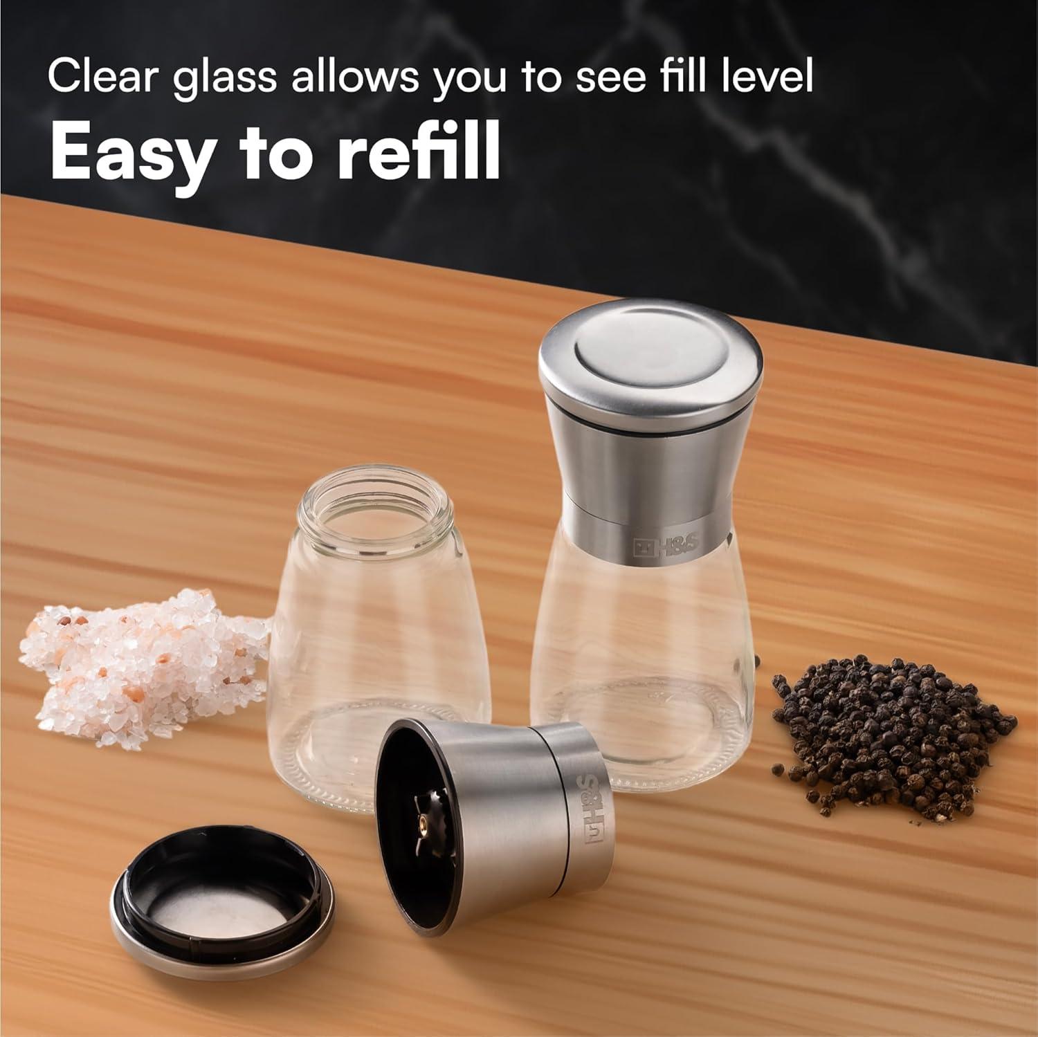 H&S Salt And Pepper Grinder Set - Manual Mill Grinders For Kitchen - Glass And Stainless Steel Spice Mills With Adjustable Coarseness - Easy To Use And Fill - Large Capacity - Kitchen Gadgets