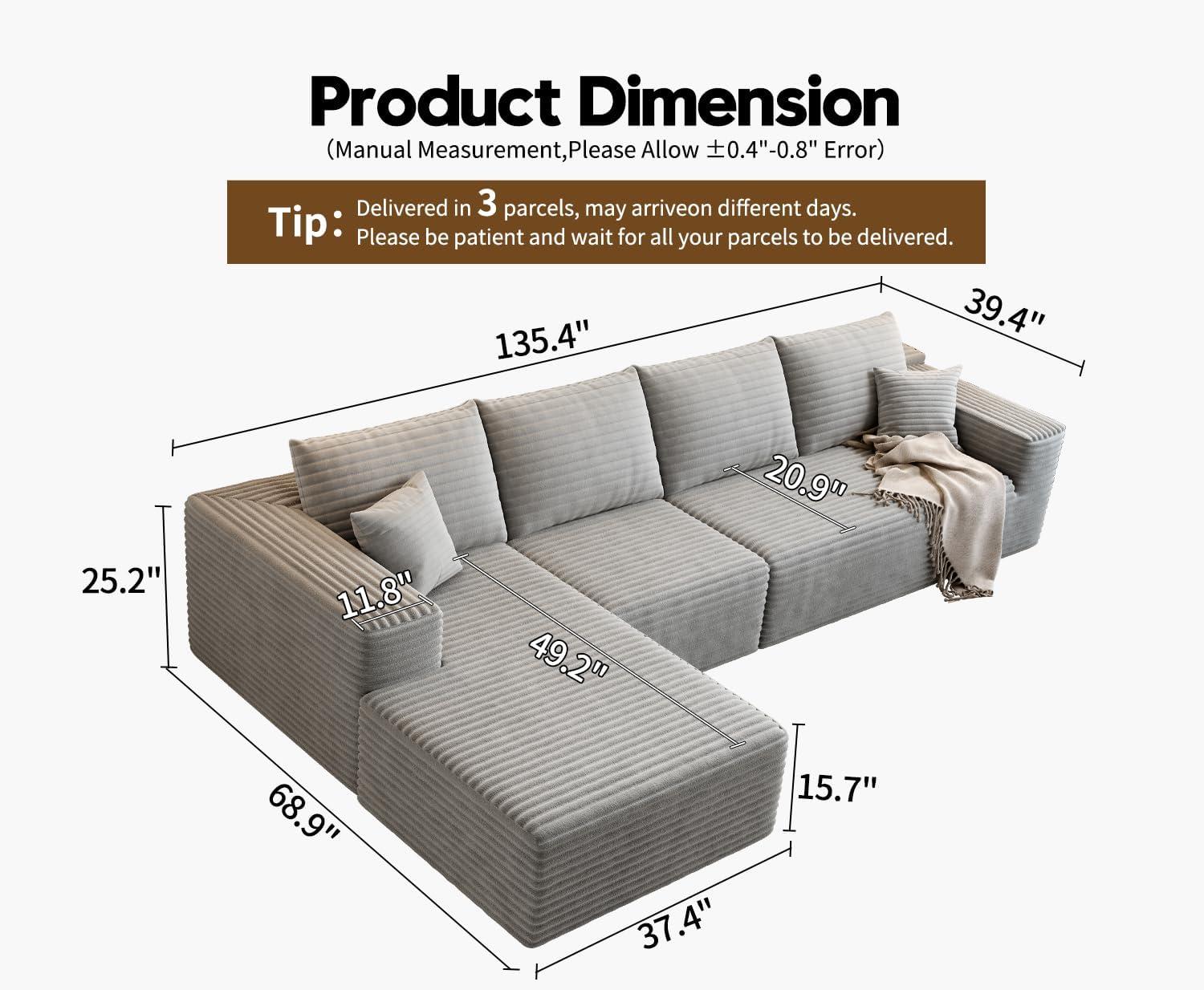 Mercer41 135.4"Cloud Modular Sectional Couch with 1 Ottoman,Modern Minimalist Upholstered Couches, Comfort U Shaped Sofa for Living Room,Deep Seat Corner Couch,No Assembly Required