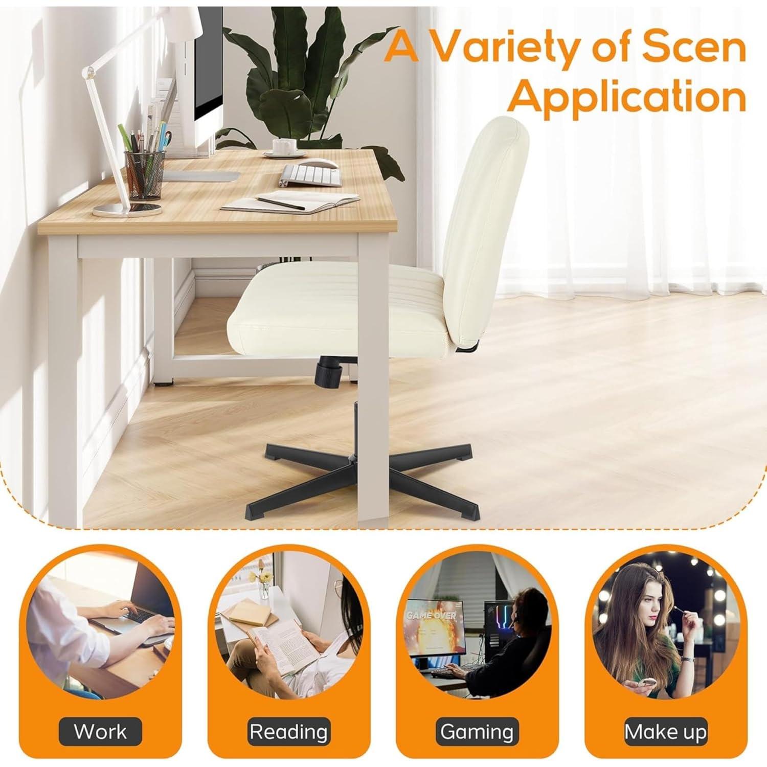 Criss Cross Chair, Cross Legged Office Chair, Wide Comfort Desk Chair, No Wheels Armless Computer Task Chair, Swivel Leather Vanity Home Chair, Height Adjustable