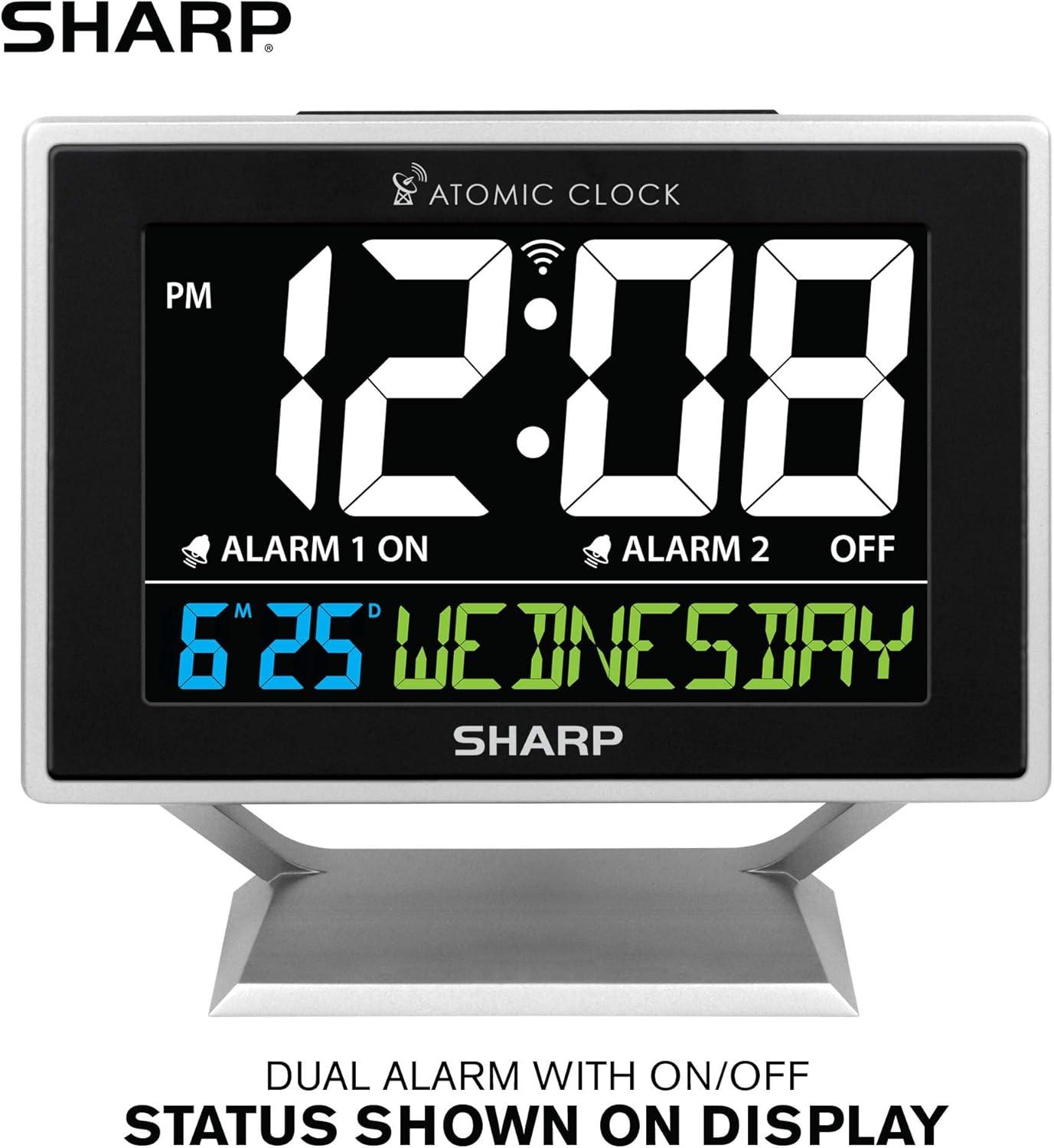 Sharp Digital Atomic Alarm Clock Color Display Atomic Accuracy Day of Week Time/Date Silver