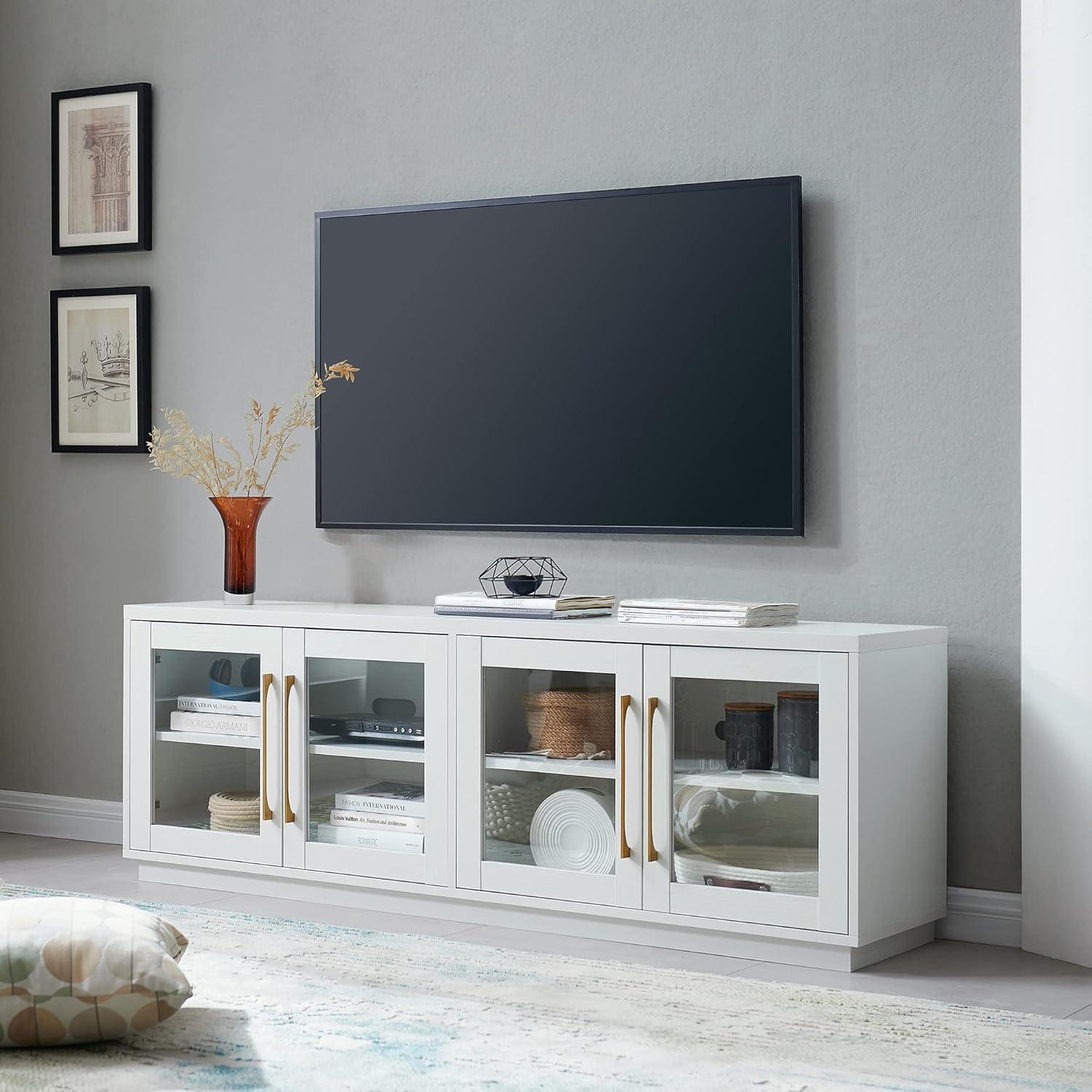 Transitional White 68" TV Stand with Brass-Finished Hardware