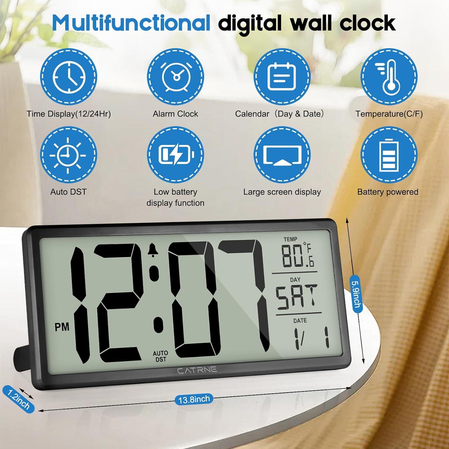WallarGe 14.5'' Large Digital Wall Clock Battery Operated with Jumbo Numbers, Temperature and Date - Easy to Read and Set, Auto DST