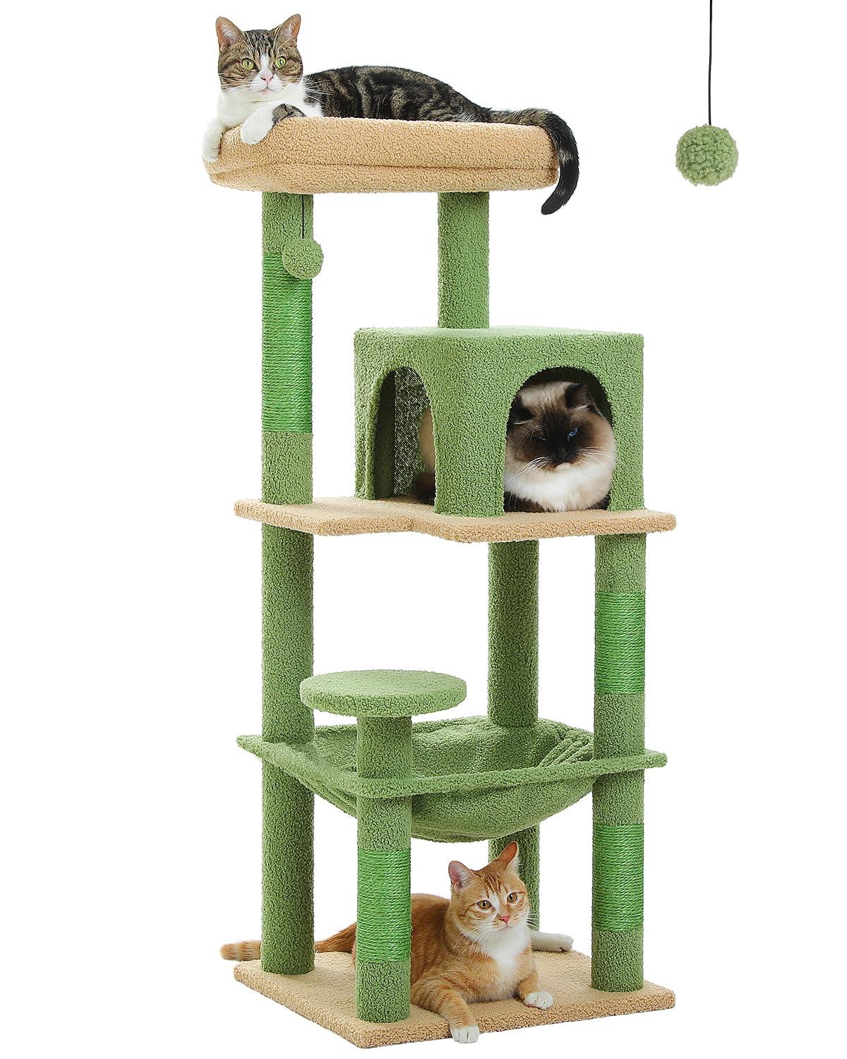Cat Tree for Indoor Cats, 45.7" Multi-Level Cat Tower with Large Metal Frame Hammock, Cat Condo with 4 Scratching Posts and Top Perch for Small Medium Cat, Beige
