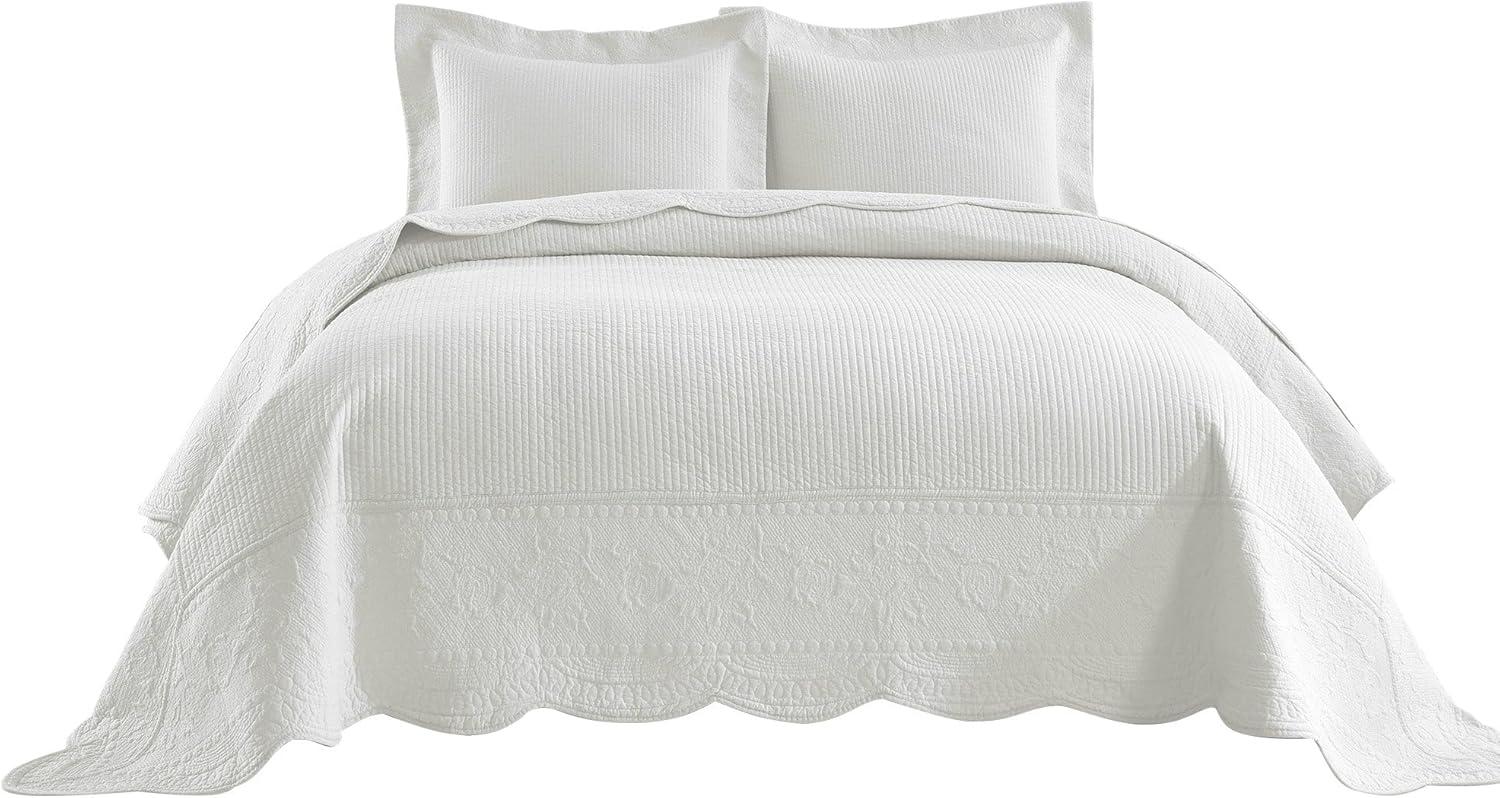 White Cotton Queen Quilt Bedspread Set with Embroidery