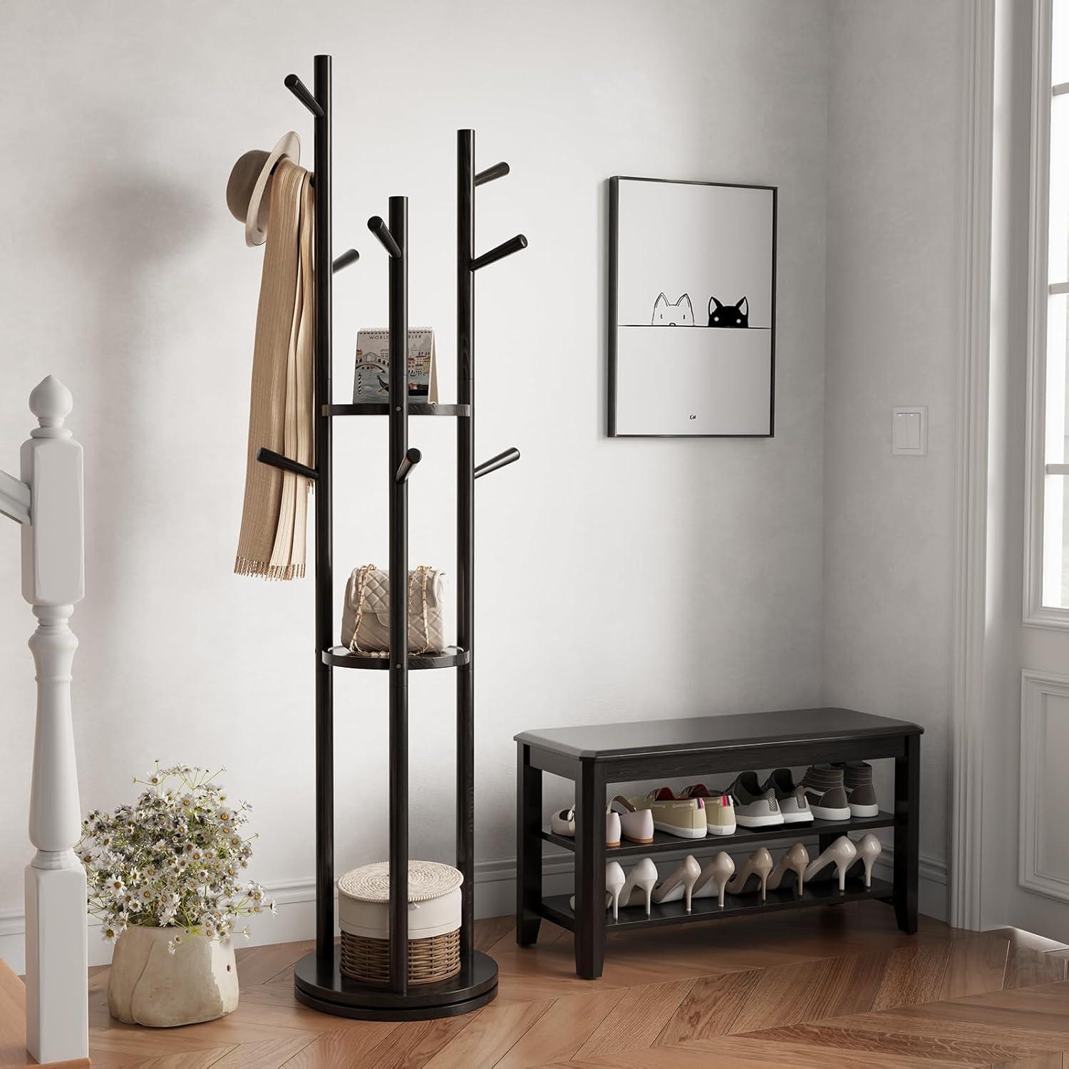 Coat Rack, Solid Wood Rotary Coat Rack Stand, Freestanding Coat Rack with 3 Shelves and 9 Hooks, Sturdy and Easy to Assemble Coat Tree for Entryway, Bedroom, Coats, Bags (Black) 1