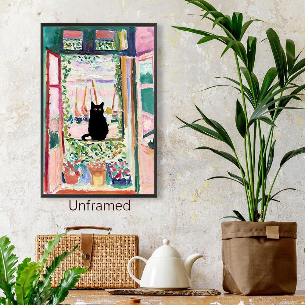 Henri Matisse Oil Paintings on Canvas Wall Art Matisse Famous Open Window Black Cat Poster Funny Cat Floral Print Colorful Farmhouse Gallery Aesthetic Room Decor for Bedroom Bathroom 12x16in Unframed