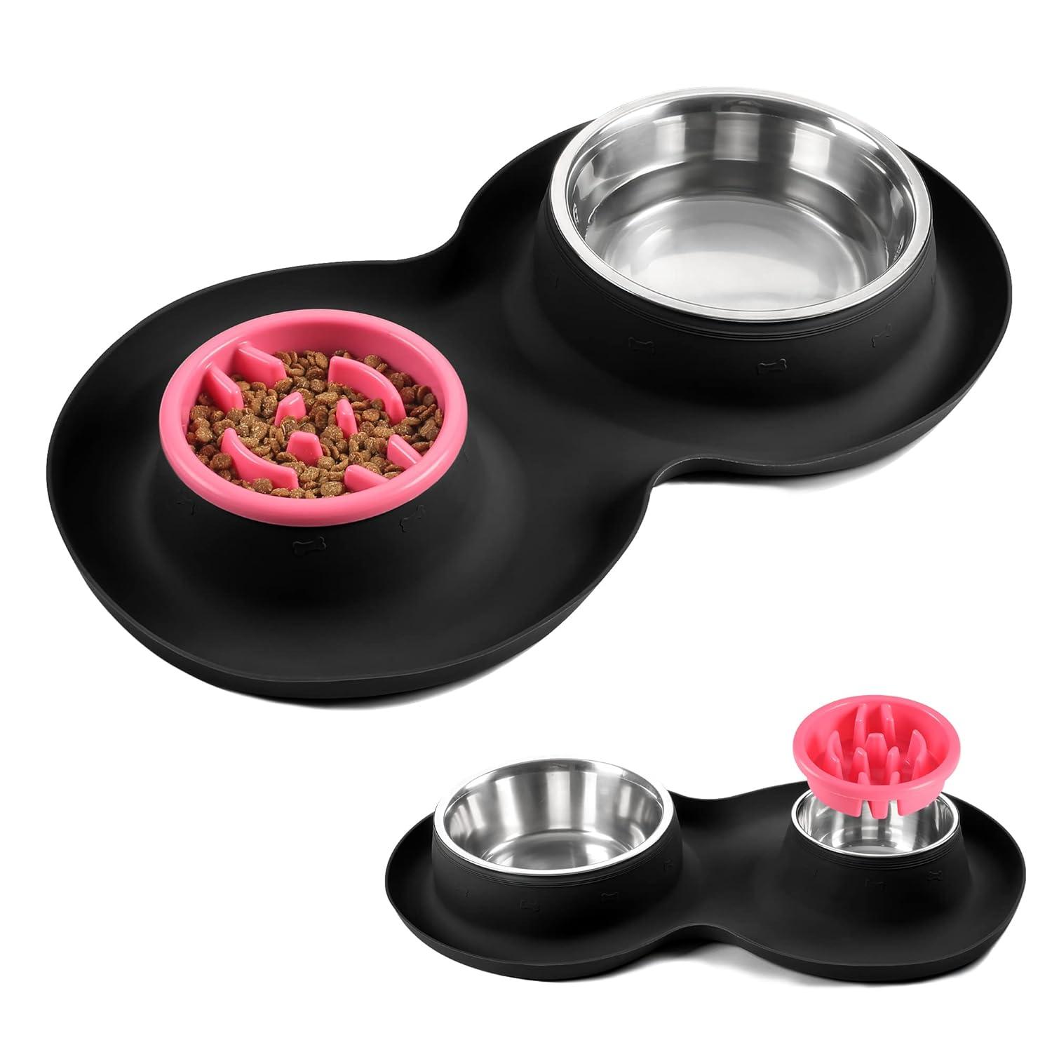 100% Waterproof BPA Free Pet Dog Bowls2 Stainless Steel（53oz+27oz） with 1.35“ Raised Edge Silicone Mat + Slow Feed Dog Water and Food Bowls for Feeding Small Large Dogs Cats Puppies (Black)