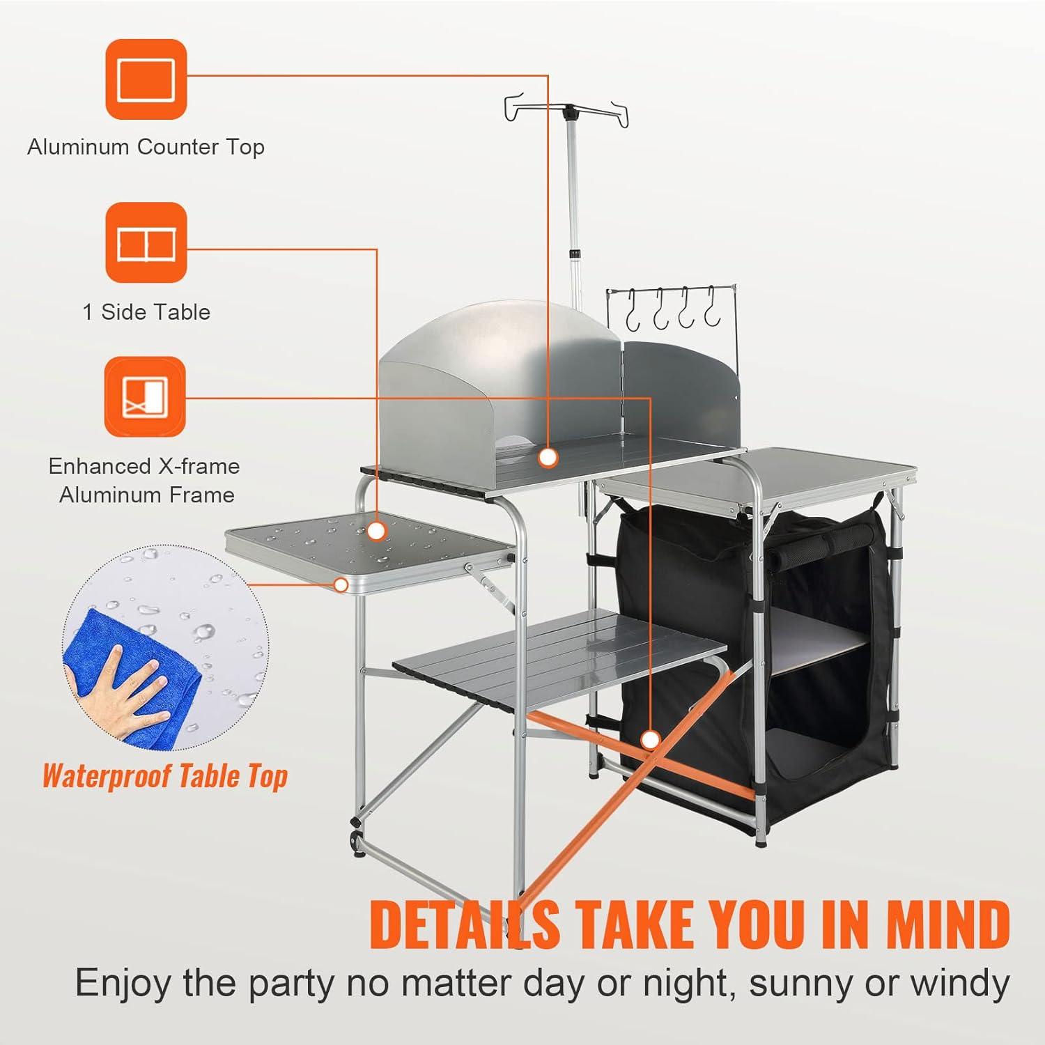 Black Aluminum Folding Camping Kitchen Table with Storage and Windscreen