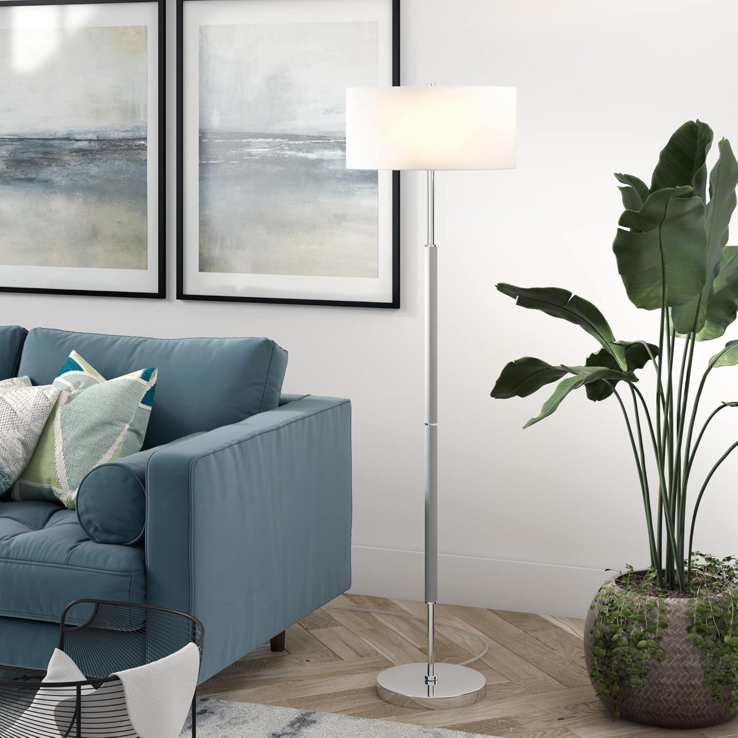 Evelyn&Zoe Simone 2-Light Floor Lamp with Fabric Shade, Rustic Oak/Polished Nickel/White