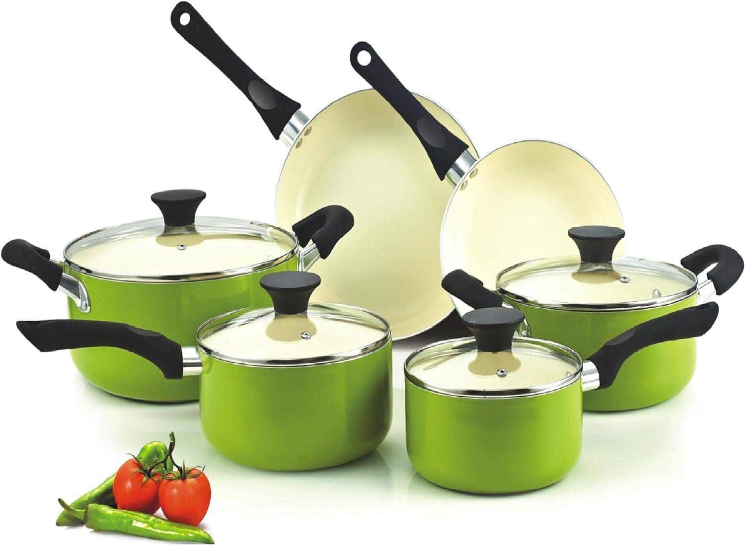 Green Nonstick Aluminum 10-Piece Cookware Set with Glass Lids