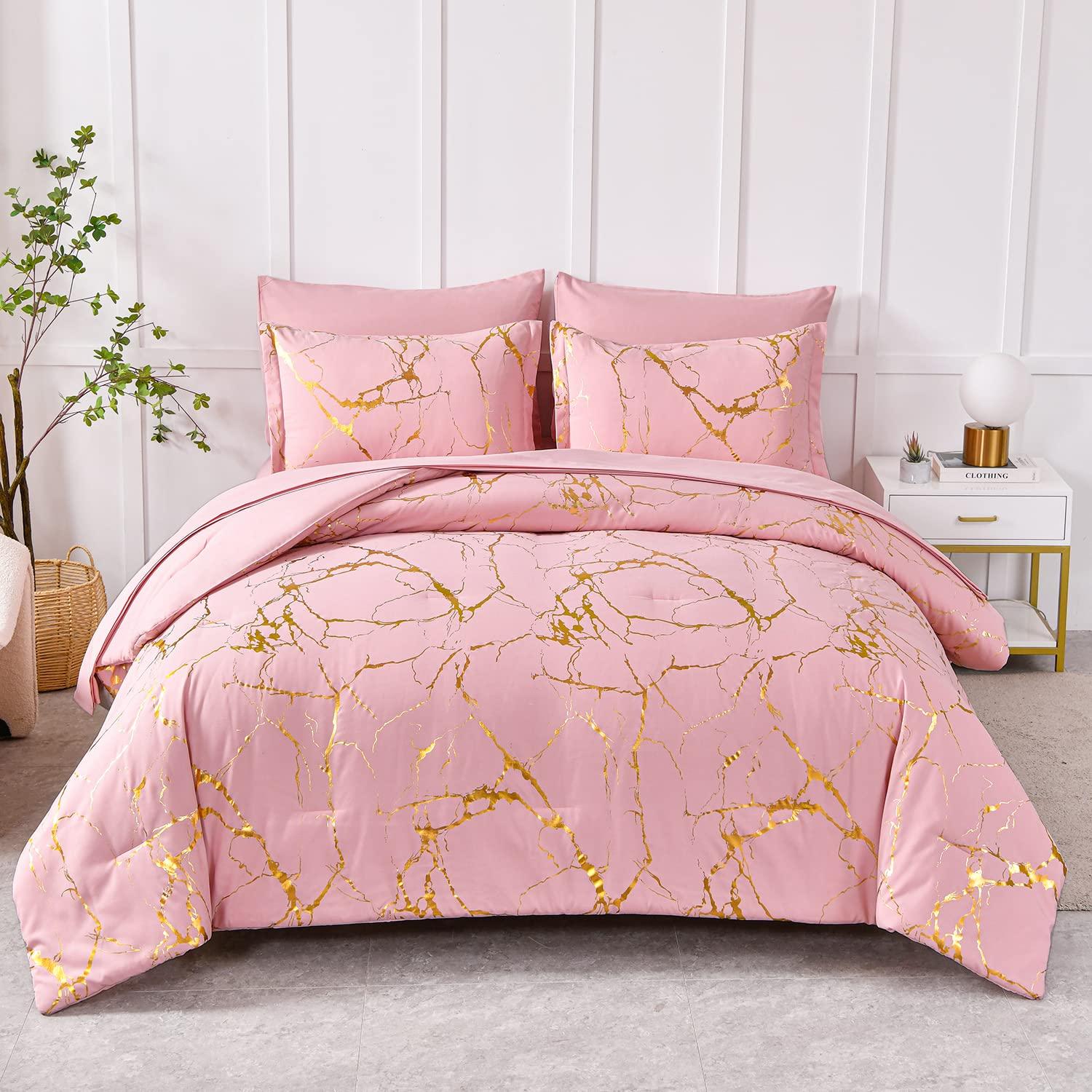 Yogeneg Gold Metallic Marble Comforter Set Queen Size,7 Piece Bed in a Bag,Foil Print Glitter Pink Comforter and Sheet Set,All Season Soft Microfiber Complete Bedding Sets(Pink,Queen)