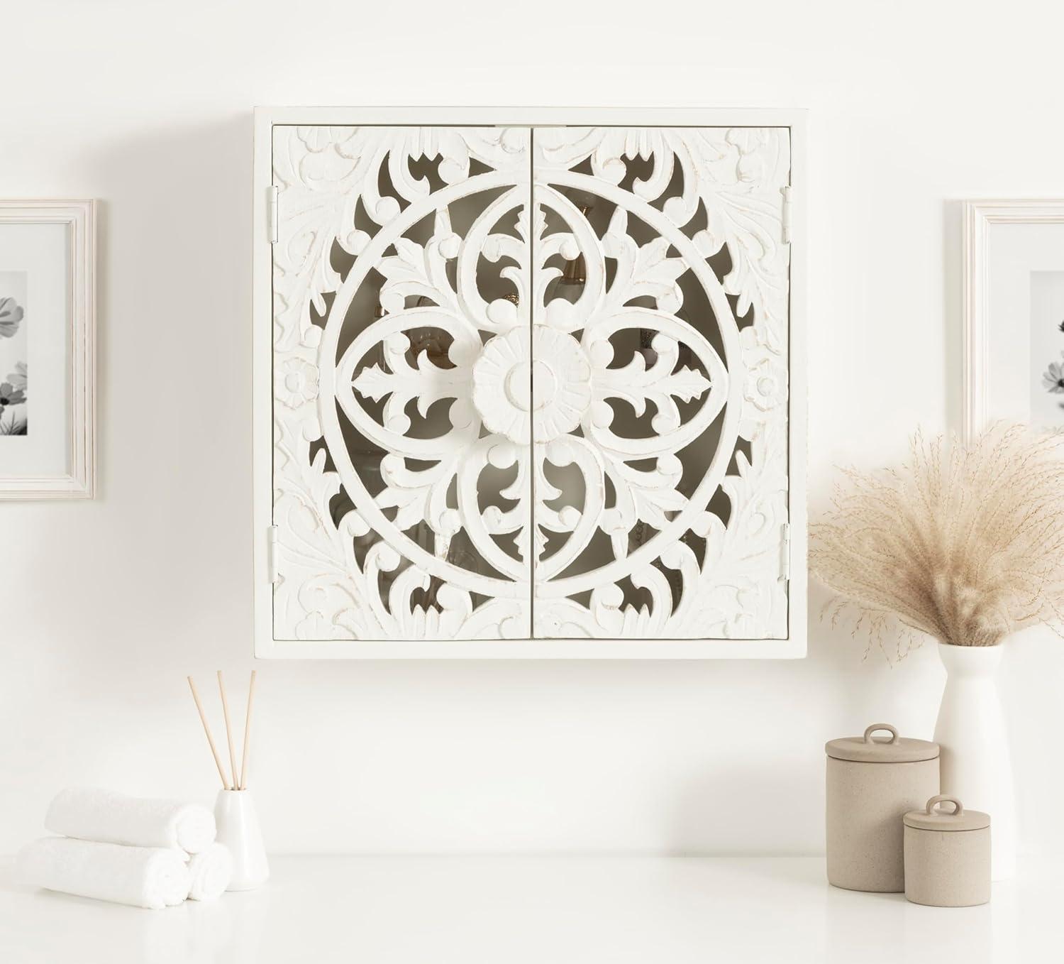 Kate & Laurel All Things Decor 20" Saanvi Traditional Carved Wood Wall Cabinet White: Artisan-Made, No Assembly, Includes Mounting Hardware