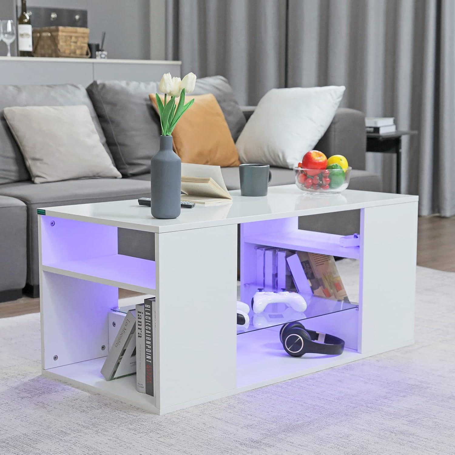 Hommpa White Coffee Table LED Coffee Table with Storage Modern Living Room Table Glass Open Shelves Rectangle Cocktail Center Tables High Gloss