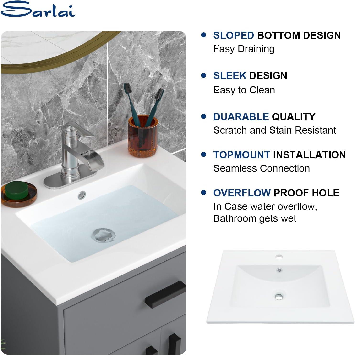 Sarlai 24 Inch Bathroom Vanity Sink Tops - White Drop In Bathroom Sink Ceramic Topmount Rectangular Vanity Top with Overflow