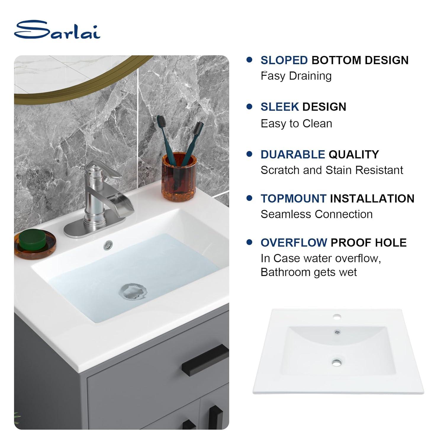 Sarlai 24 Inch Bathroom Vanity Sink Tops - White Drop In Bathroom Sink Ceramic Topmount Rectangular Vanity Top with Overflow