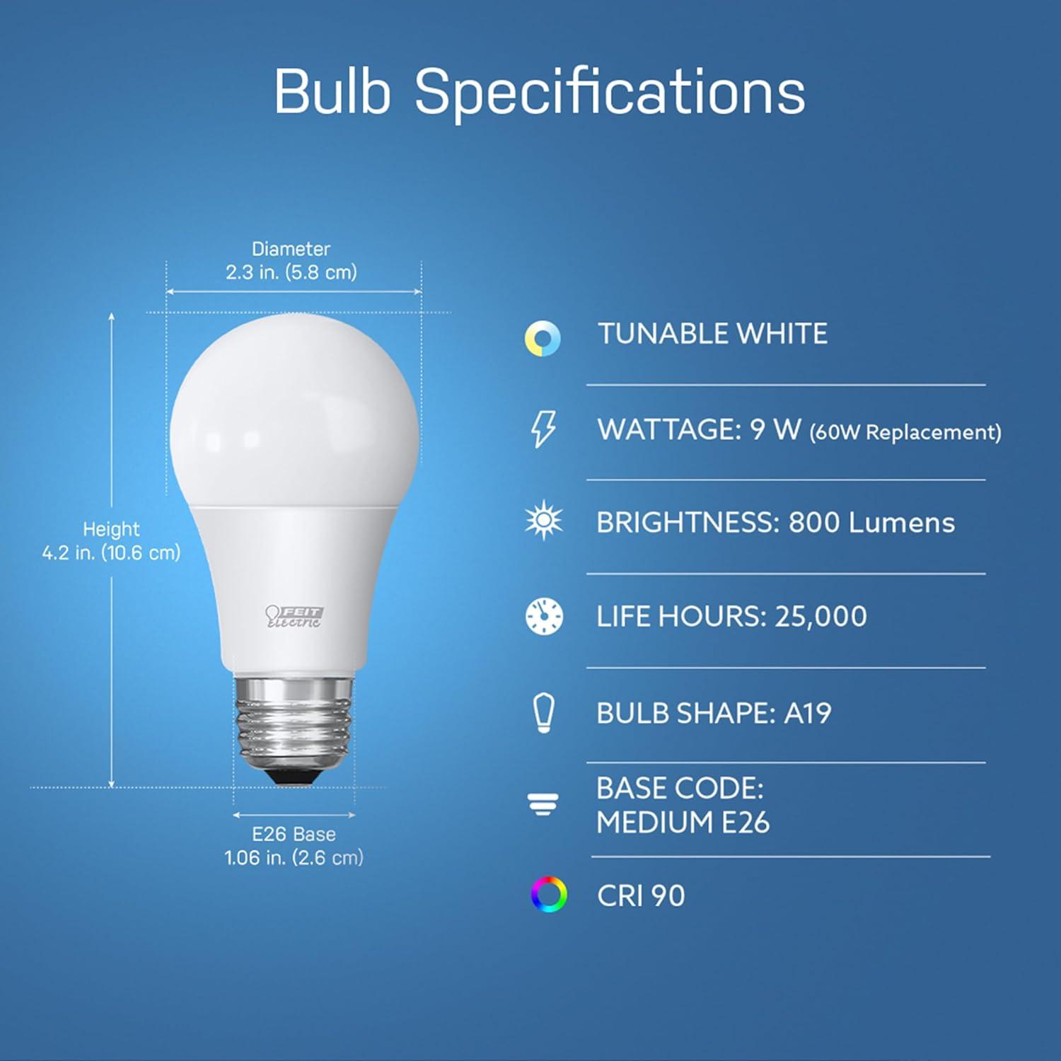 Feit Electric 8.8W (60W Replacement) Tunable White E26 Base A19 Smart WiFi LED Light Bulb