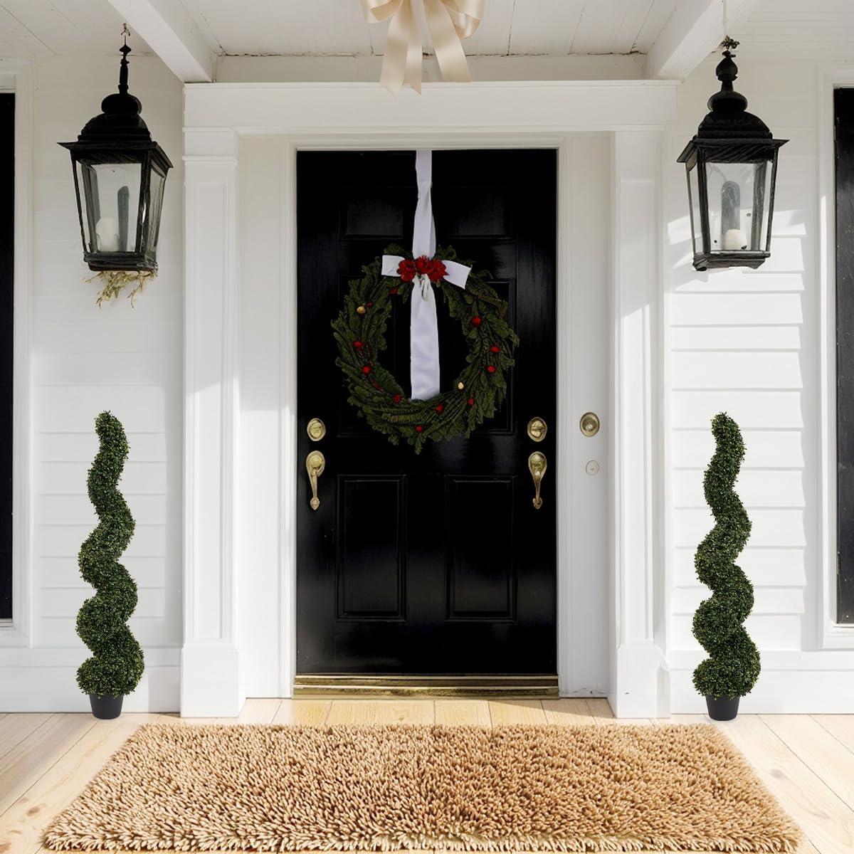 Goplus 4FT Artificial Spiral Boxwood Topiary Tree, 2 Pack Greenery Large Faux Plant in Cement-Filled Plastic Pot, Tall Fake Plant for Indoor Outdoor Home Front Porch Decor