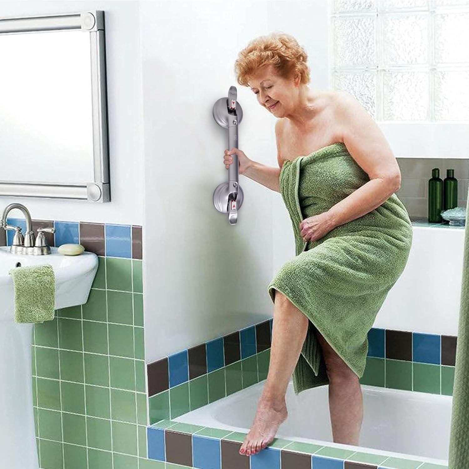 19-Inch Shower Handle - Upgraded Grab Bar with Strong Suction Cups for Bathtub & Shower Safety, Ideal for Seniors, Elderly, Disabled，Silver